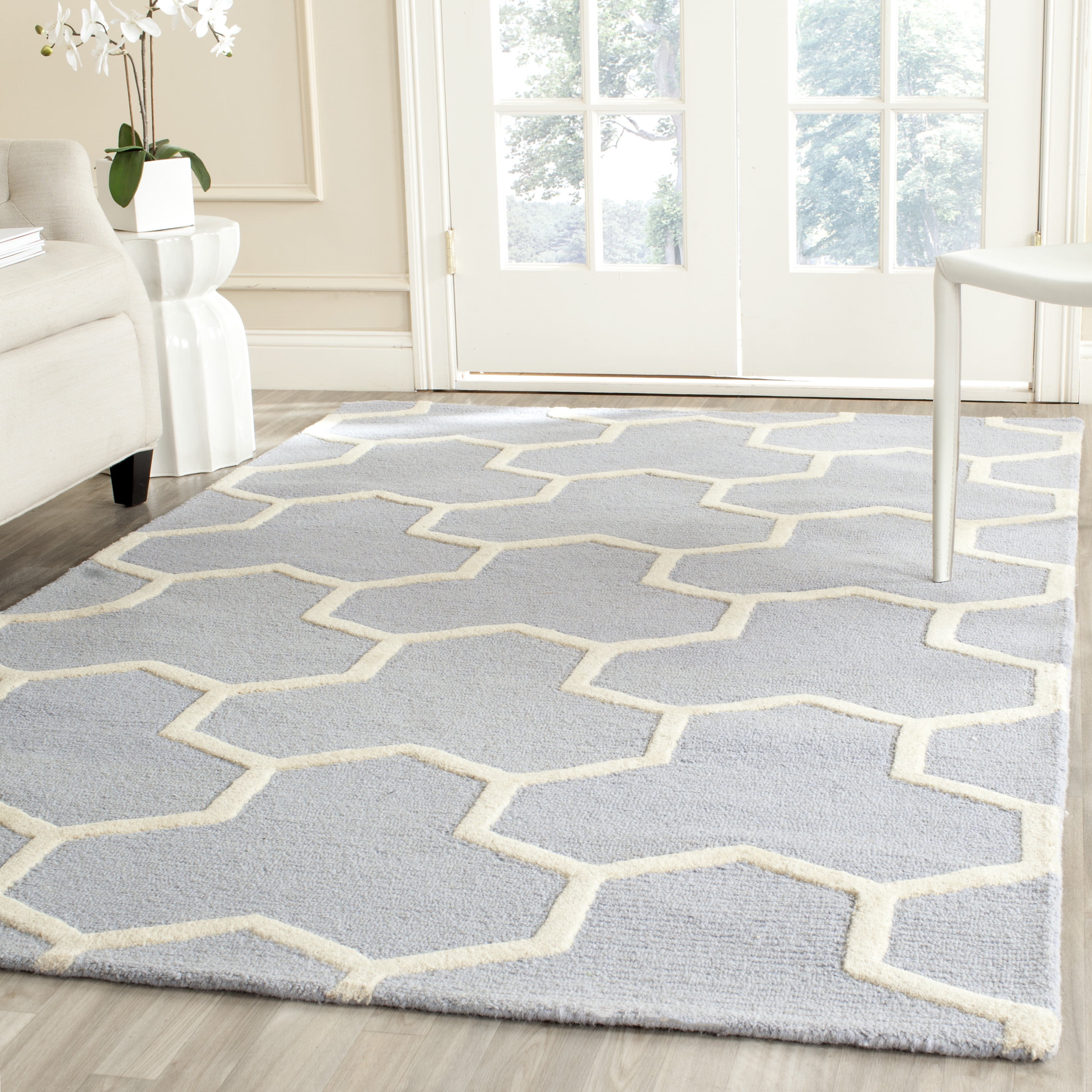 Light Blue and Ivory Geometric Hand-Tufted Wool Square Rug