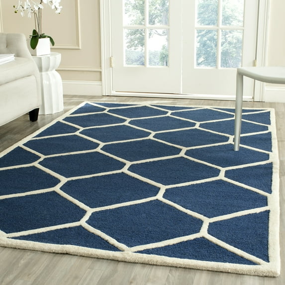 SAFAVIEH Cambridge Juan Geometric Wool Area Rug, Navy Blue/Ivory, 3' x 5'