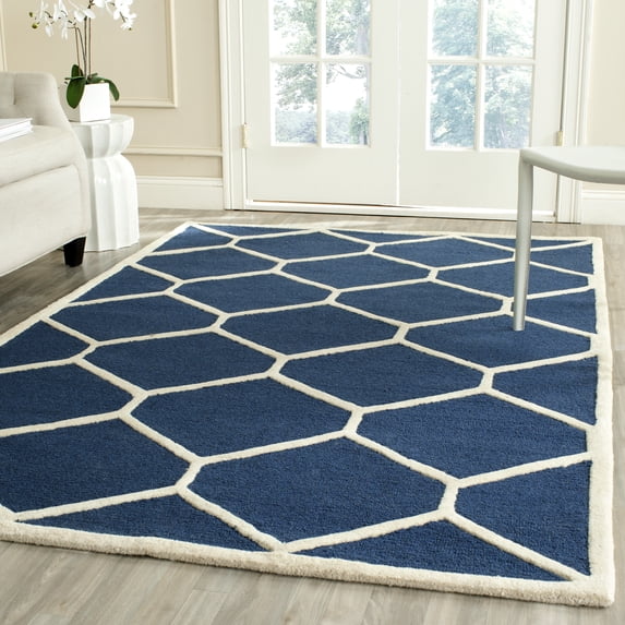 SAFAVIEH Cambridge Juan Geometric Wool Area Rug, Navy Blue/Ivory, 5' x 8'