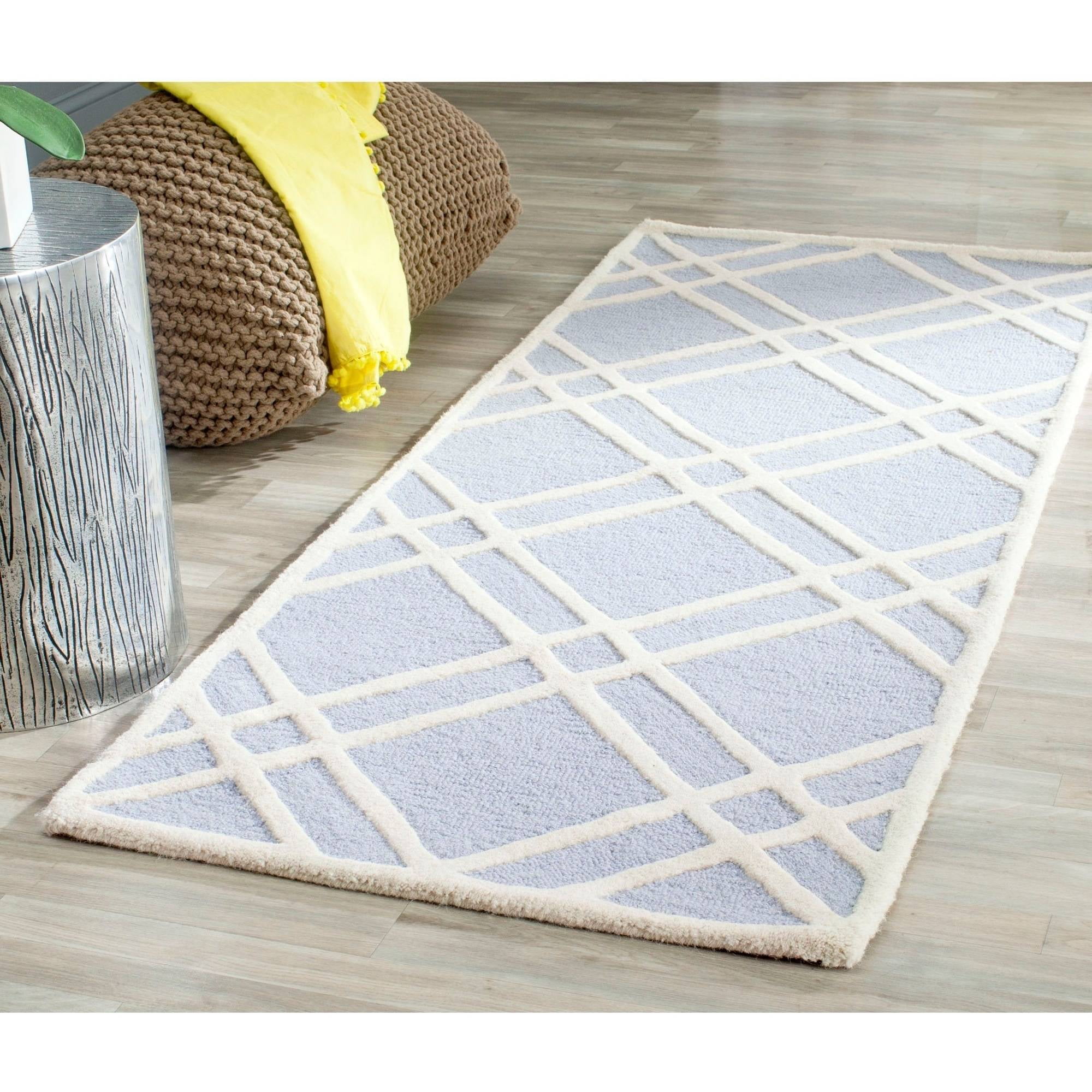 Light Blue and Ivory Hand-Tufted Wool Geometric Runner Rug