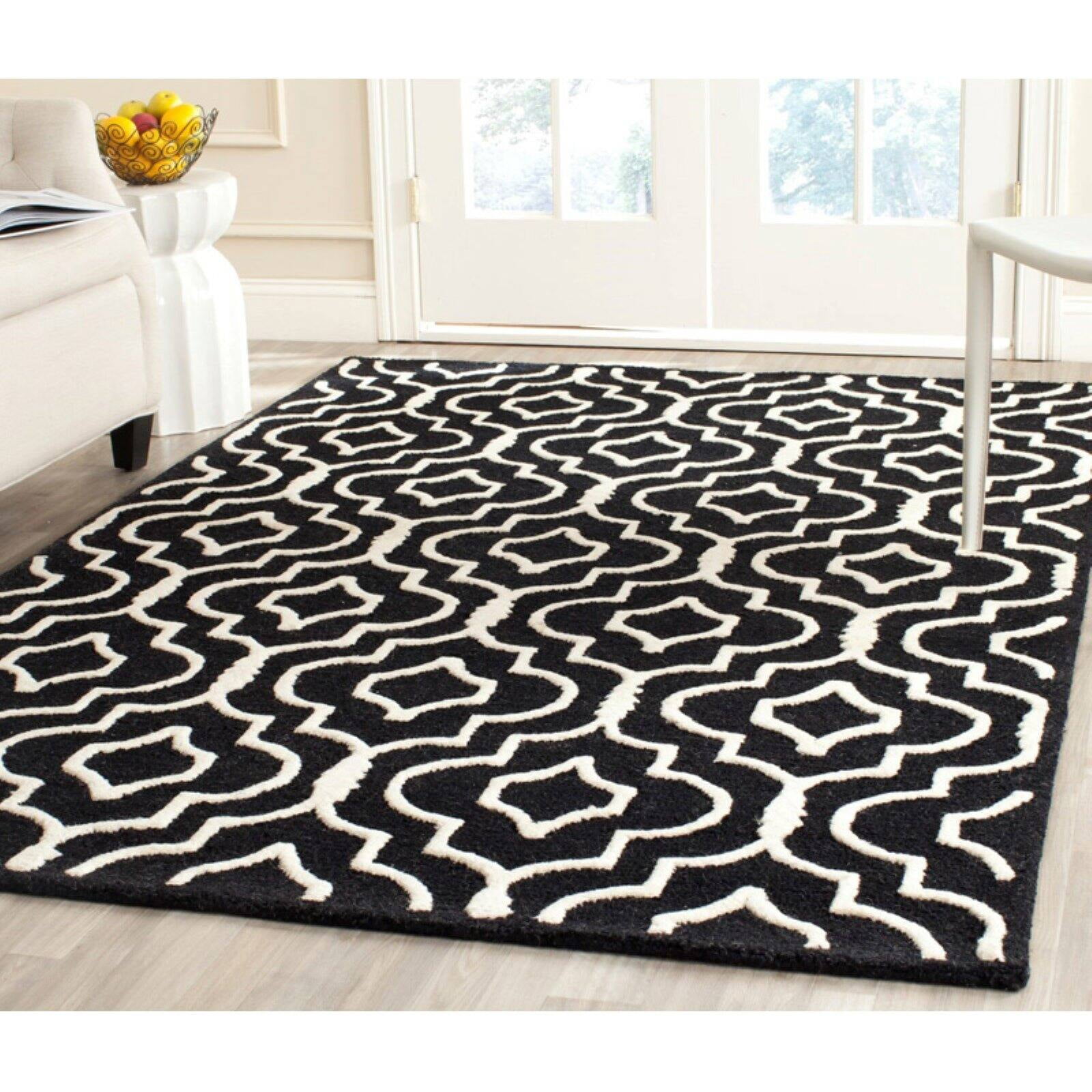 Black and Ivory Hand-Tufted Wool Geometric Square Rug