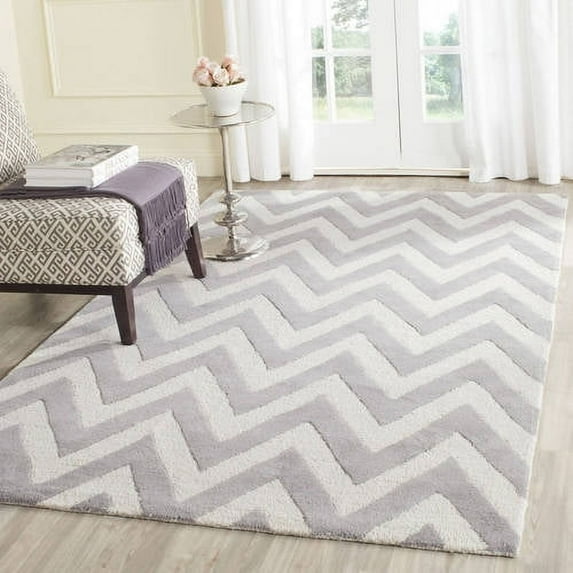 SAFAVIEH Cambridge Kaitlyn Zig Zag Stripes Wool Area Rug, Silver/Ivory, 8' x 8' Square