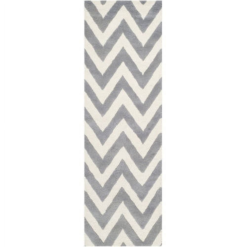 Silver and Ivory Hand-Tufted Wool Chevron Runner Rug