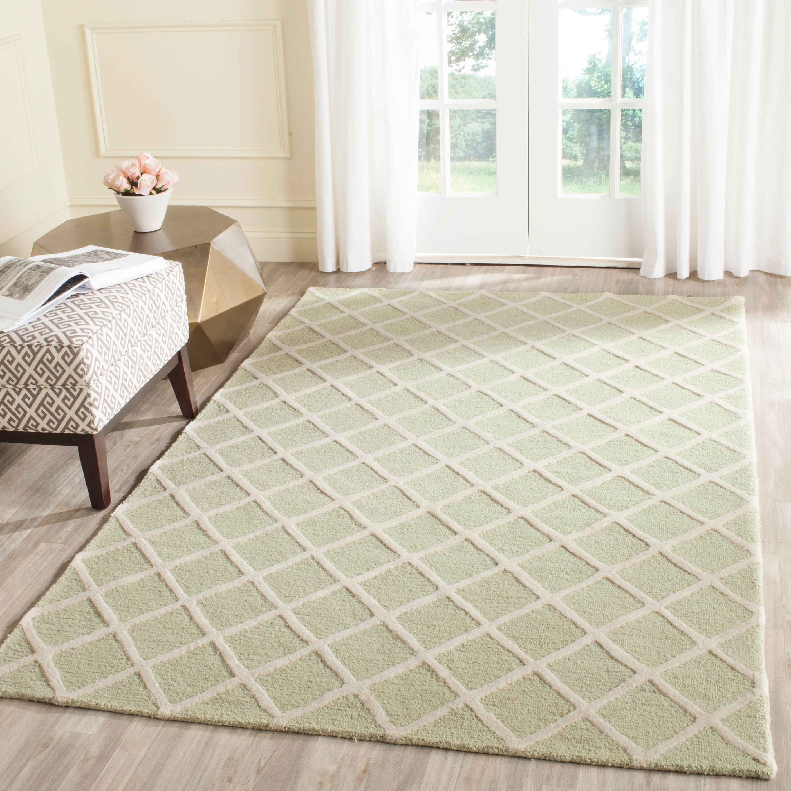 Light Green and Ivory Tufted Wool Geometric Area Rug, 6' x 6'