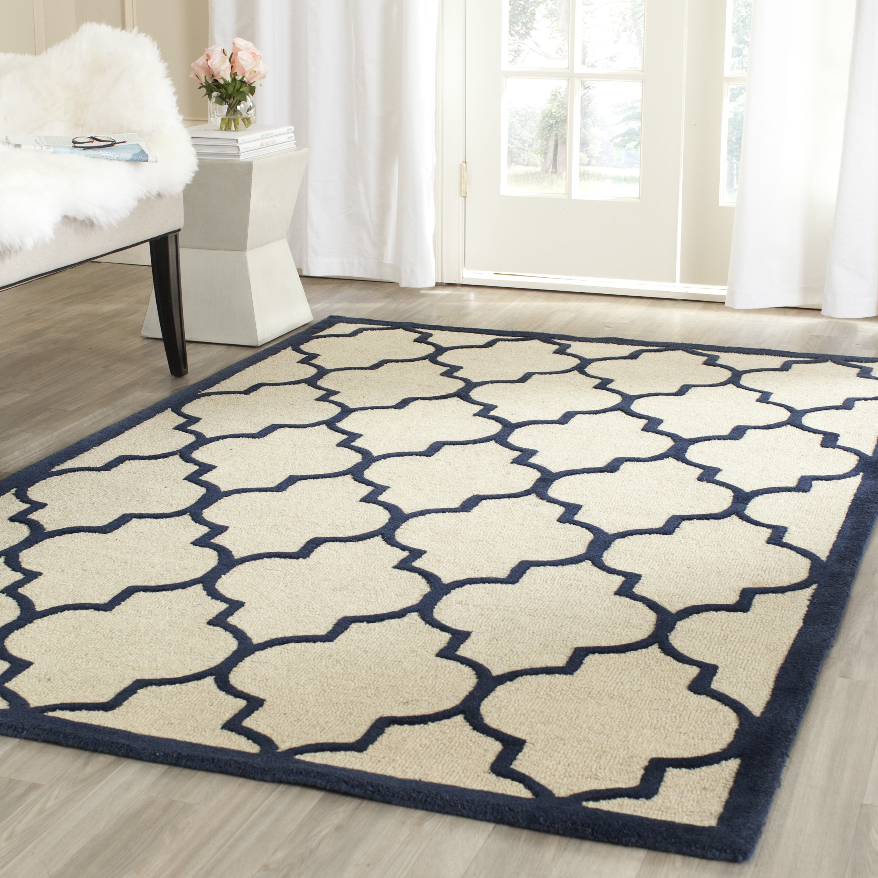Ivory Navy Hand-Tufted Wool Square Area Rug, 4' x 6'