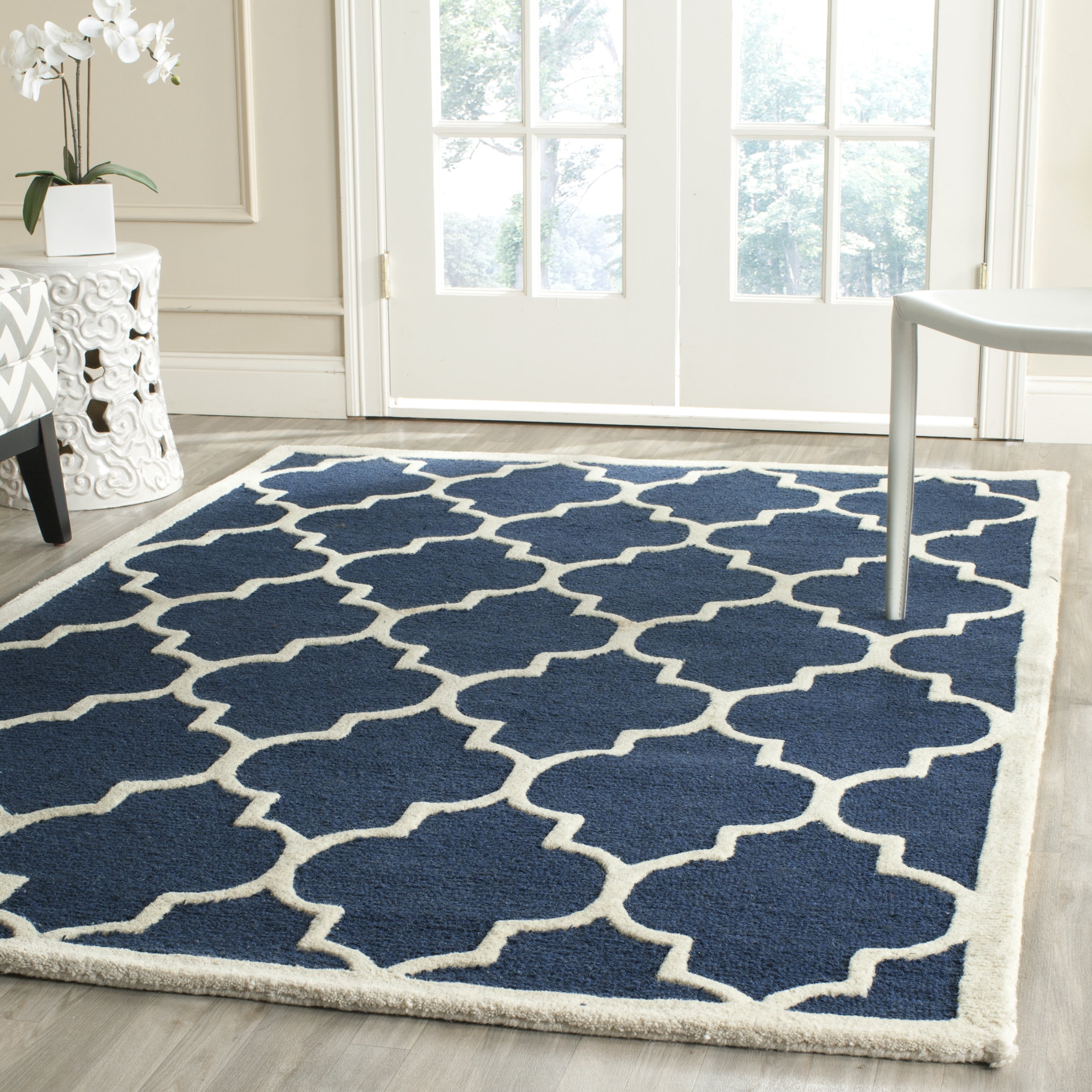 Handmade Navy & Ivory Tufted Wool Rectangular Rug 4' x 6'