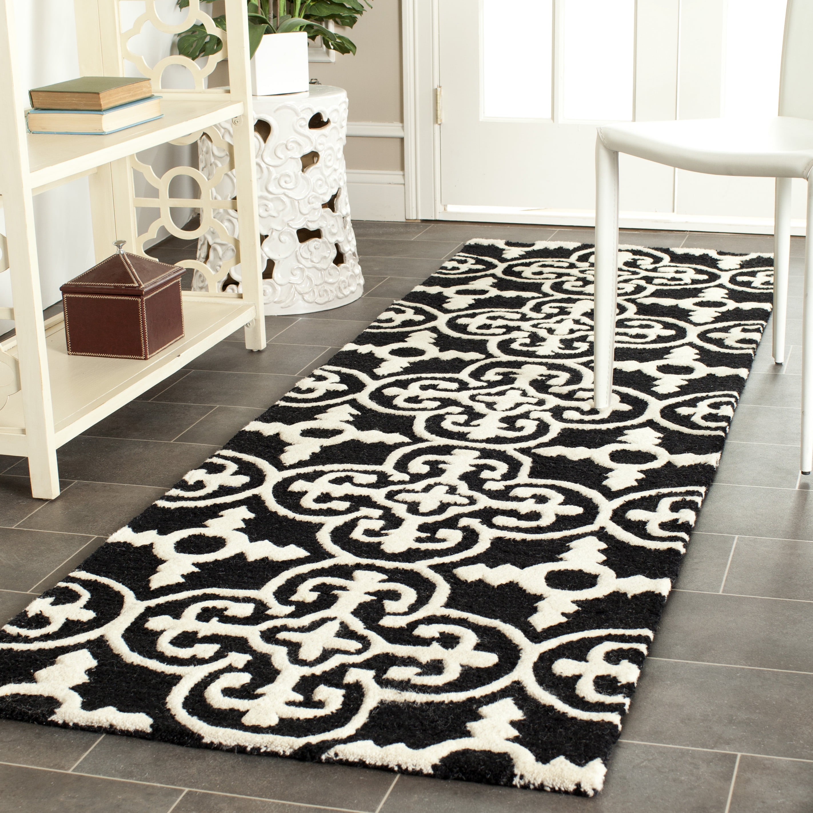 Black and Ivory Hand-Tufted Wool Geometric Runner Rug