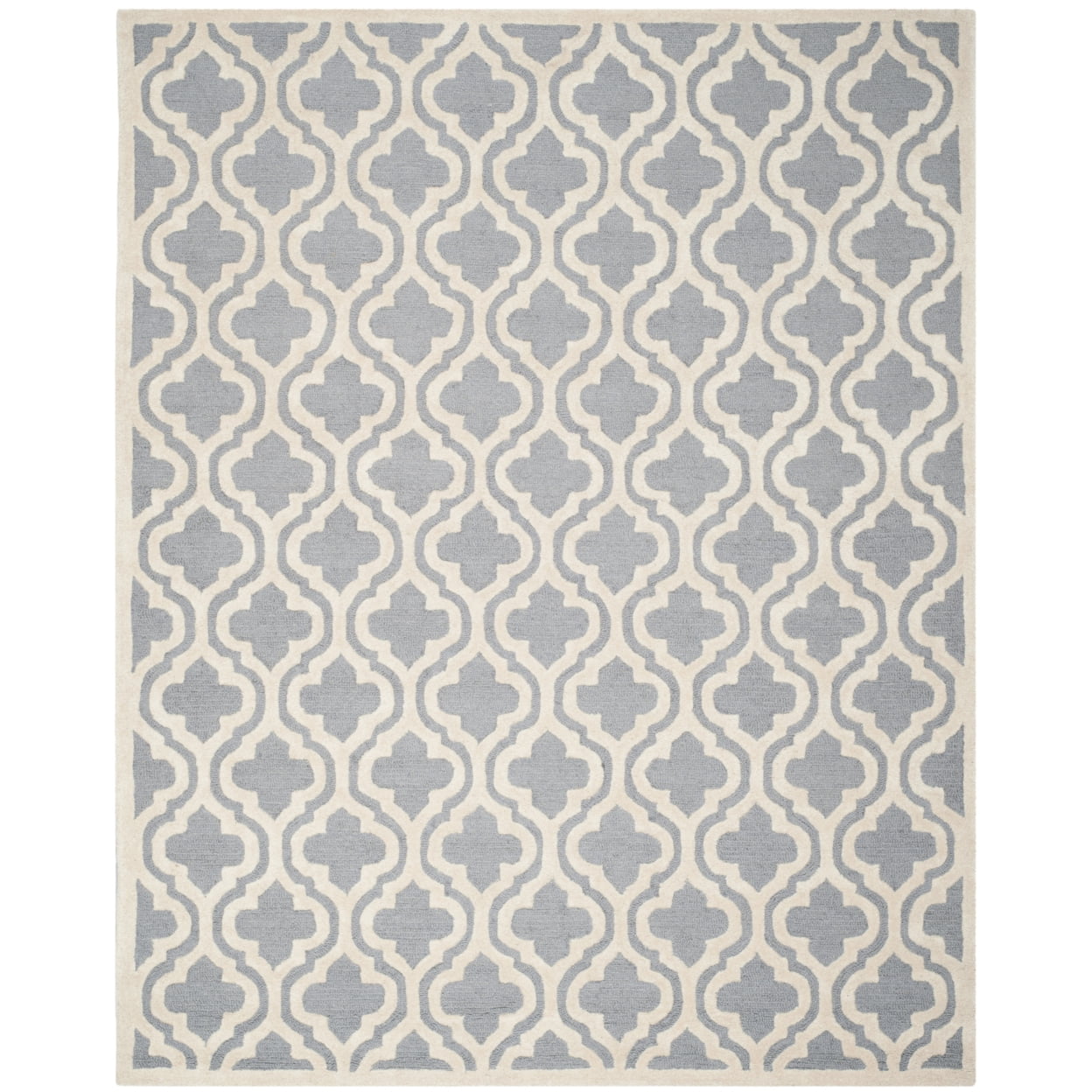 Handmade Silver & Ivory Wool Geometric Tufted Rug, 11' x 15'