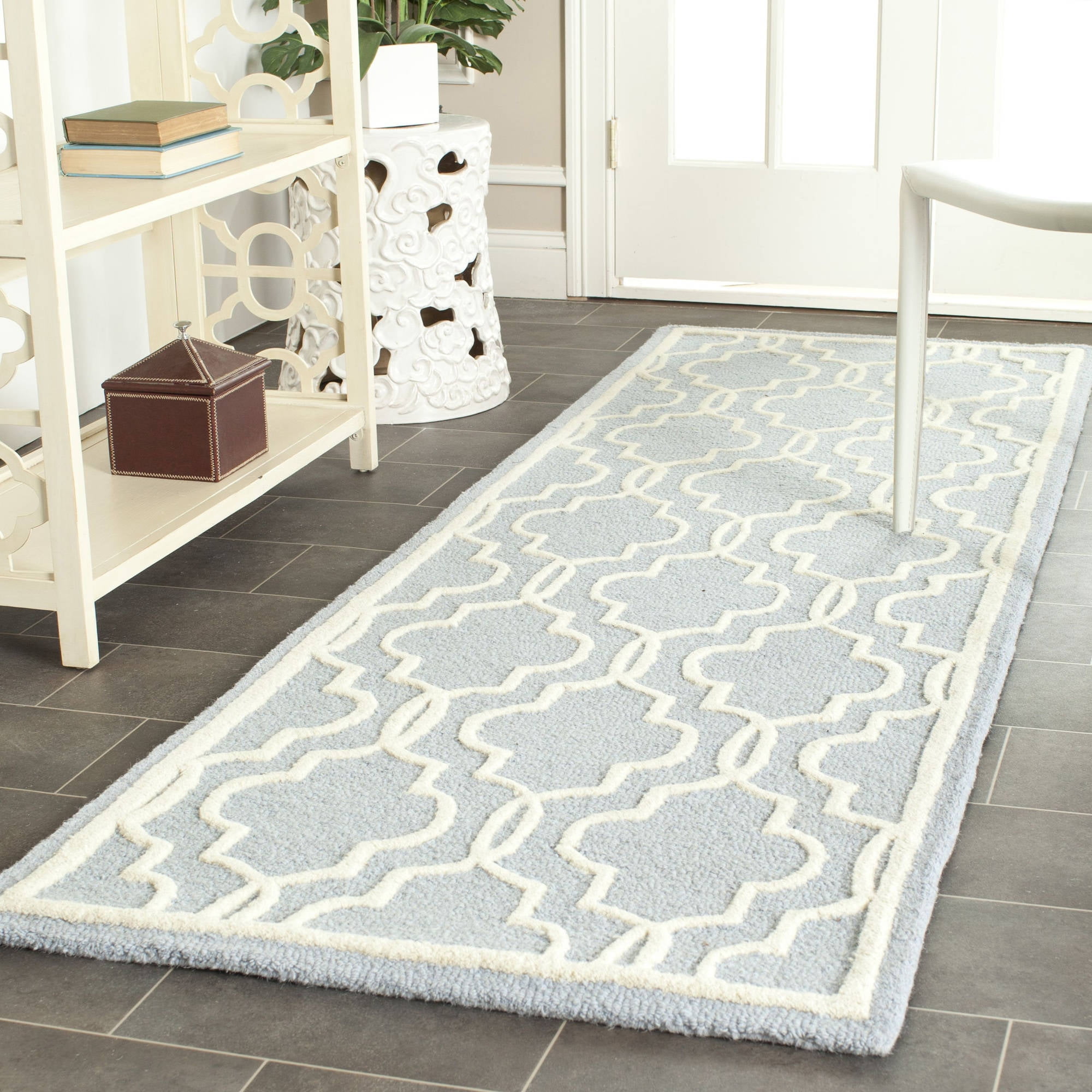 Light Blue and Ivory Wool Geometric Runner Rug
