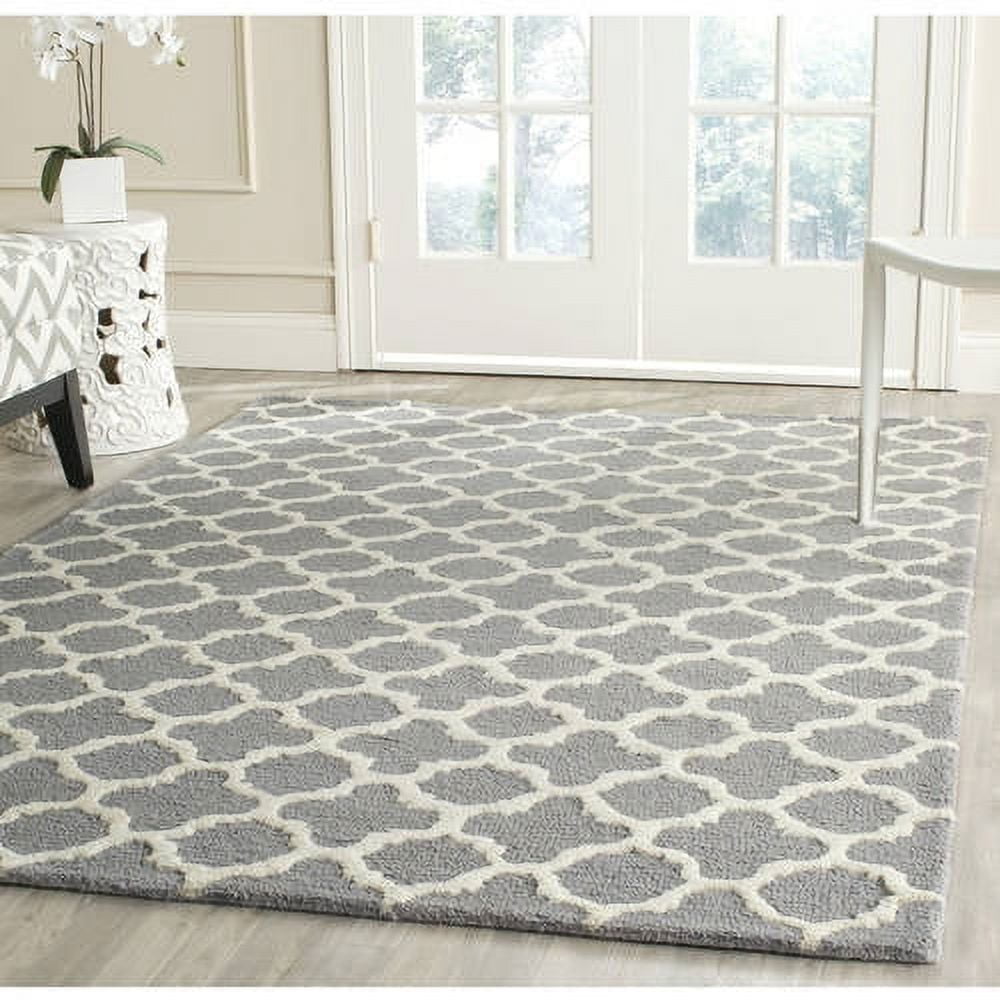 Hand-Tufted Silver and Ivory Wool Geometric Rug, 6' Square