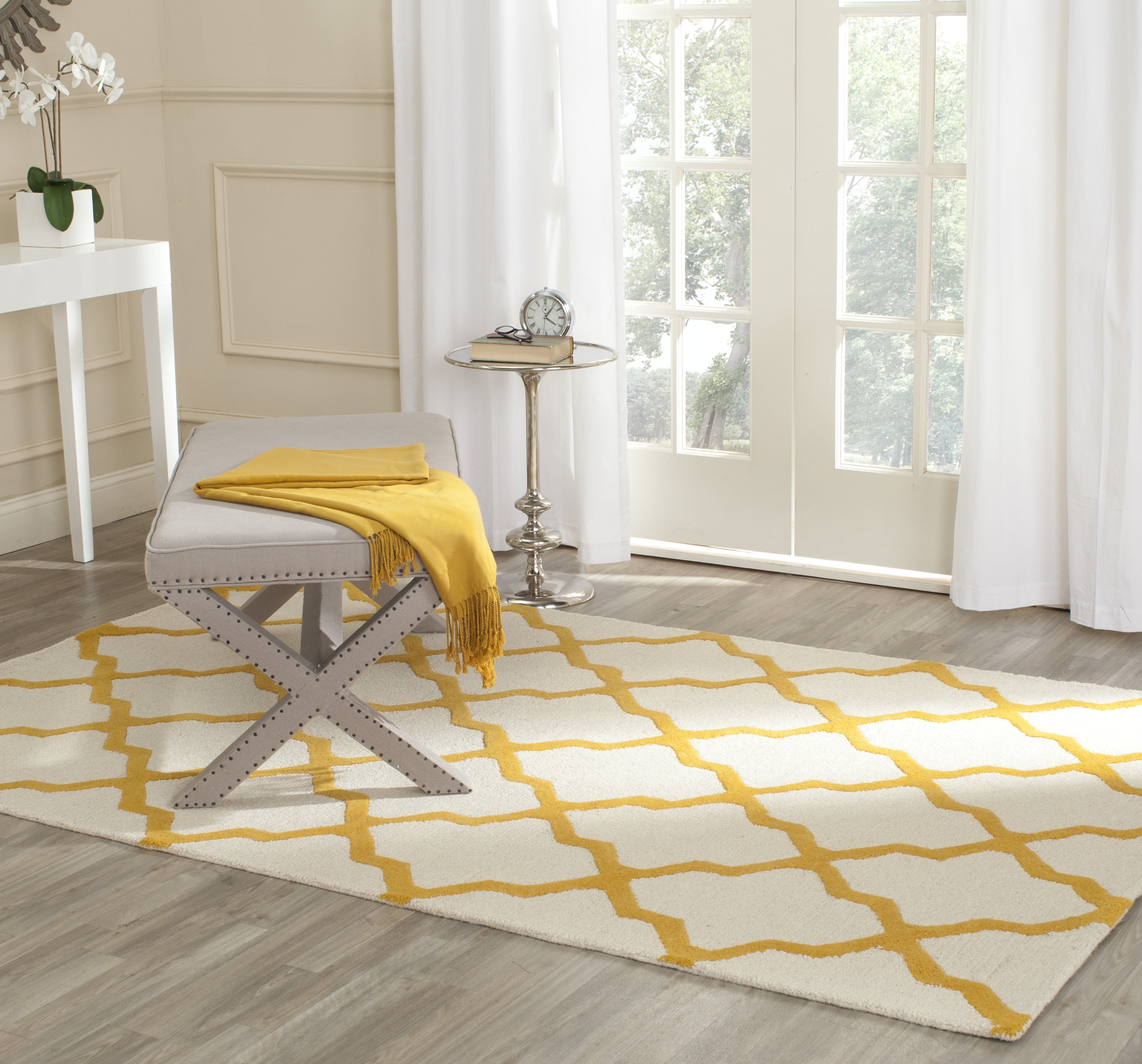 Ivory and Gold Hand-Tufted Wool Geometric Area Rug, 3' x 5'