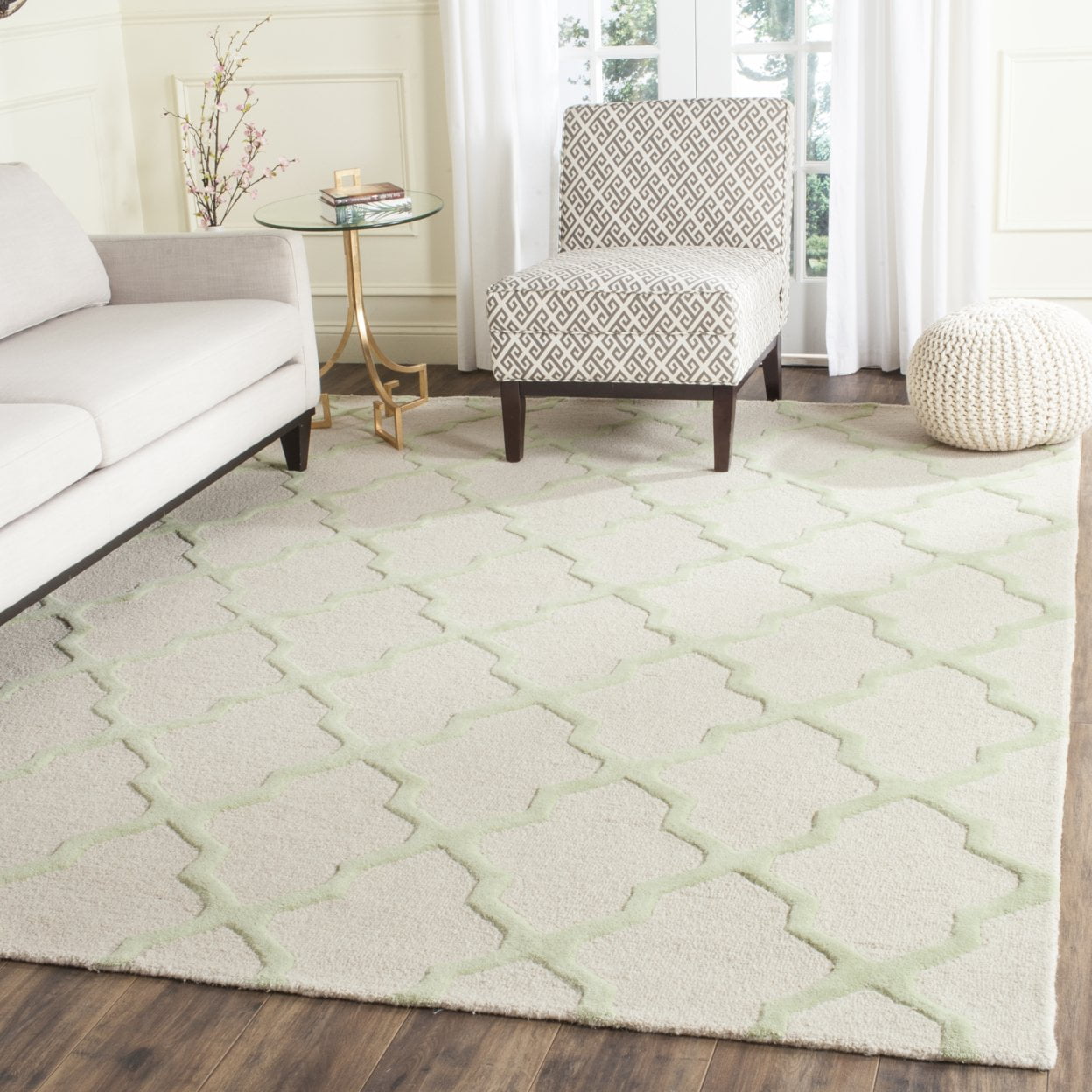 Ivory and Light Green Geometric Wool Area Rug
