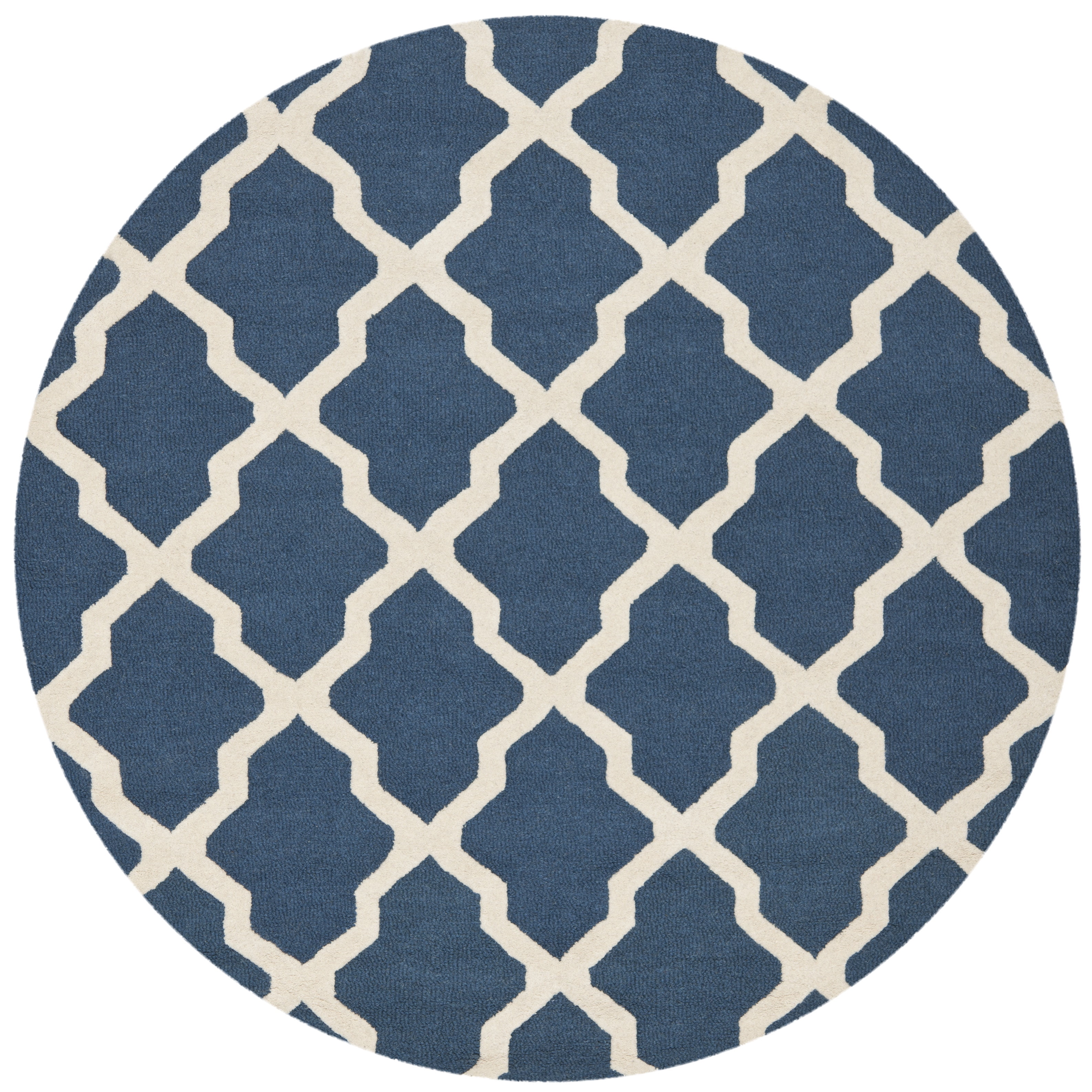 Ivory and Navy Blue Hand-Tufted Wool Round Area Rug