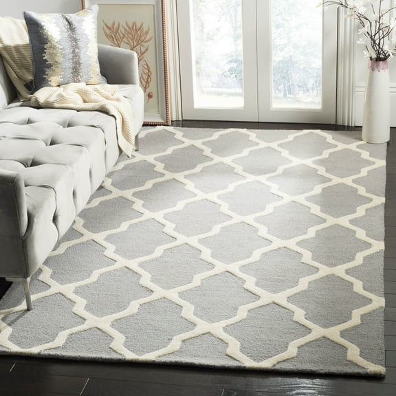 SAFAVIEH Cambridge Liam Geometric Wool Area Rug, Silver/Ivory, 4' x 4' Square