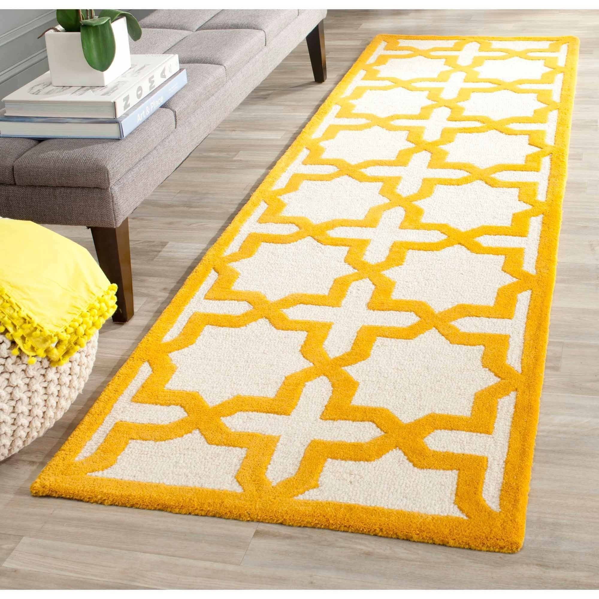 Ivory and Gold Hand-Tufted Wool Geometric Runner Rug