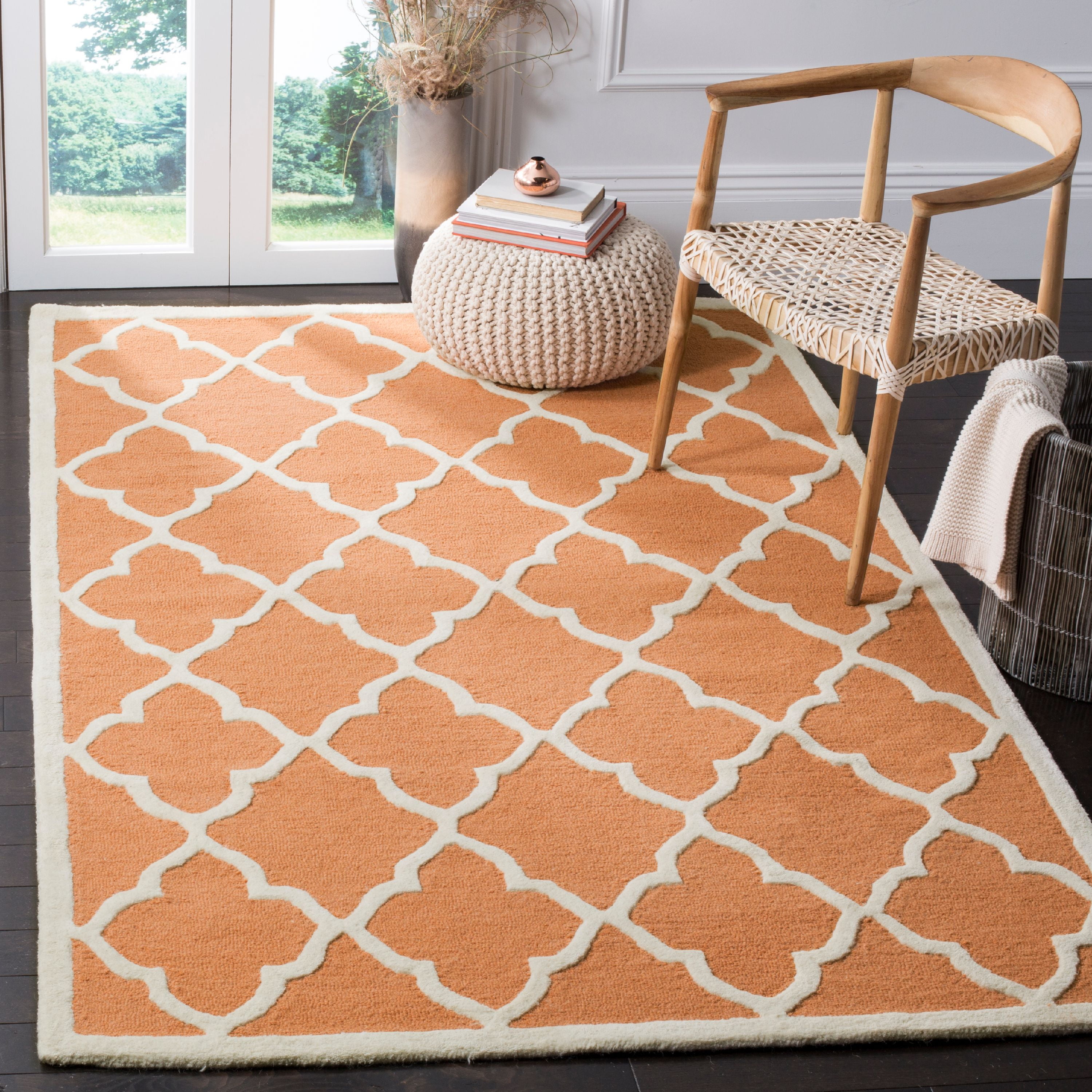 Coral and Ivory Hand-Tufted Wool Area Rug, 5' x 8'