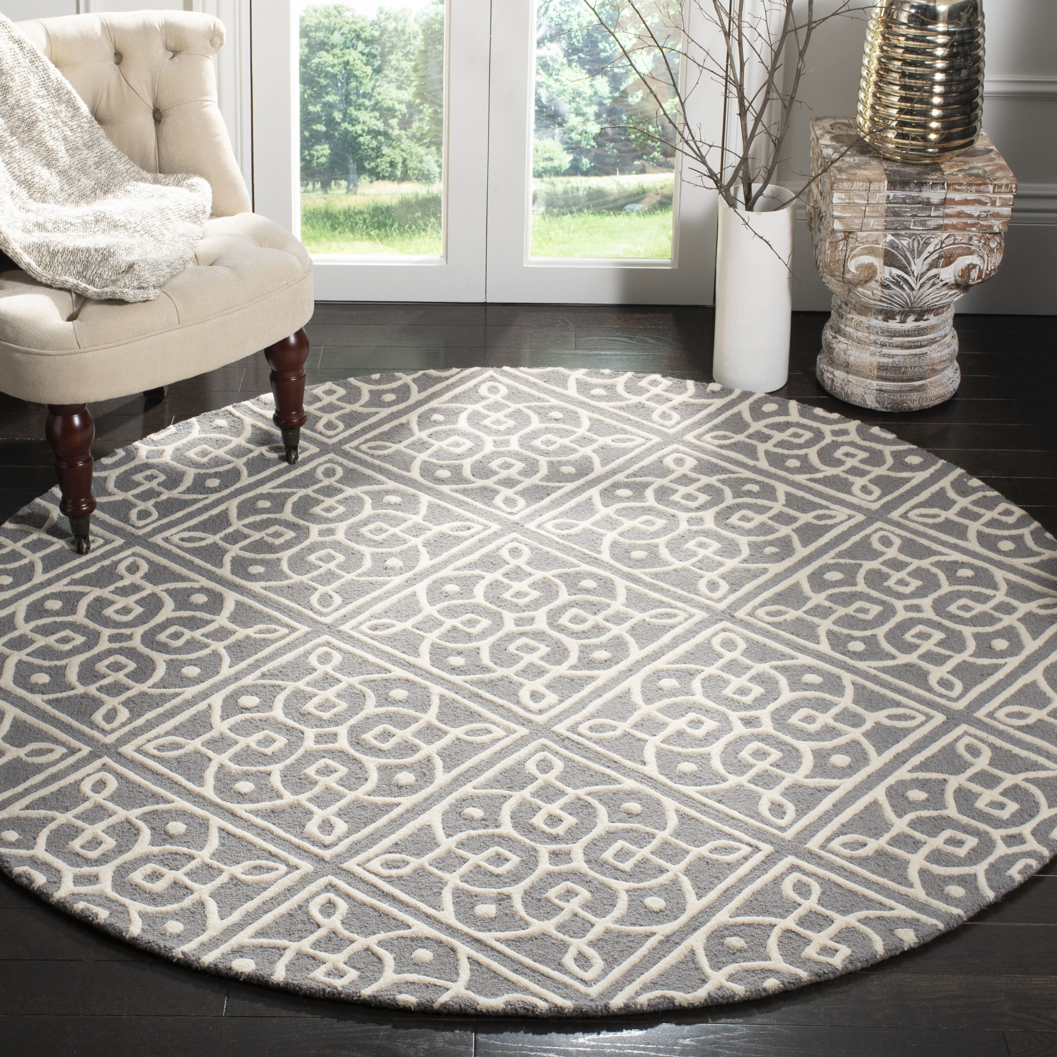 SAFAVIEH Cambridge Mirko Geometric Wool Area Rug, Dark Gray/Ivory, 6' x 6' Round