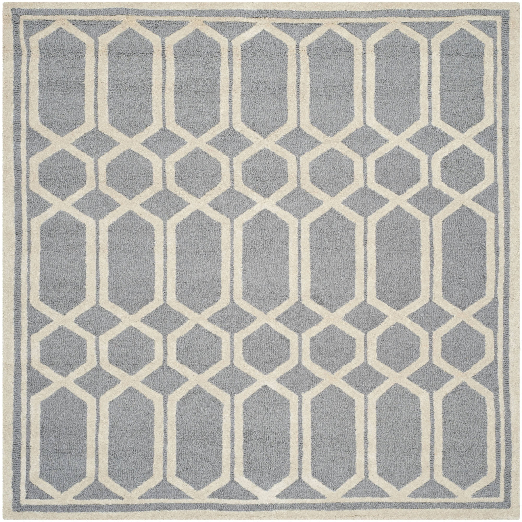 Ivory and Silver Hand-Tufted Wool Square Rug, 6' x 6'