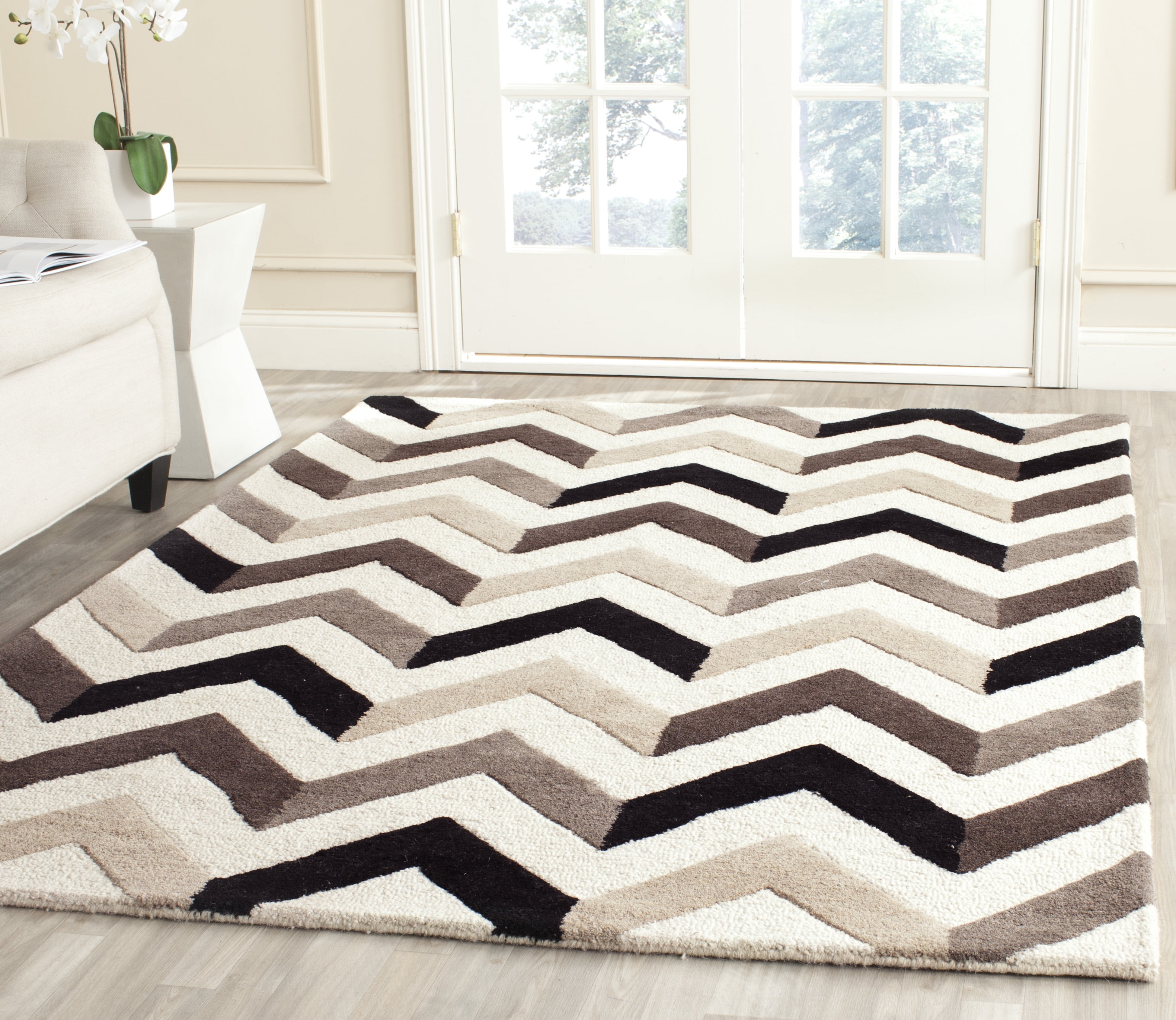 Ivory and Black Hand-Tufted Wool Square Area Rug