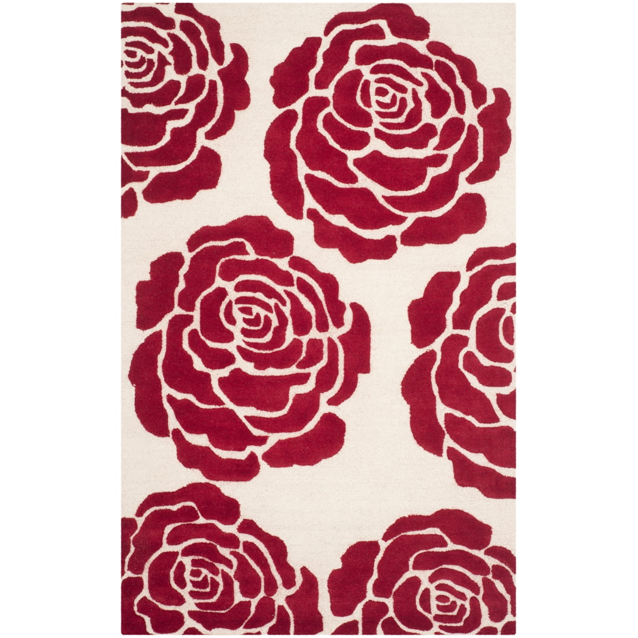Ivory and Red Floral Hand-Tufted Wool 4' x 6' Area Rug