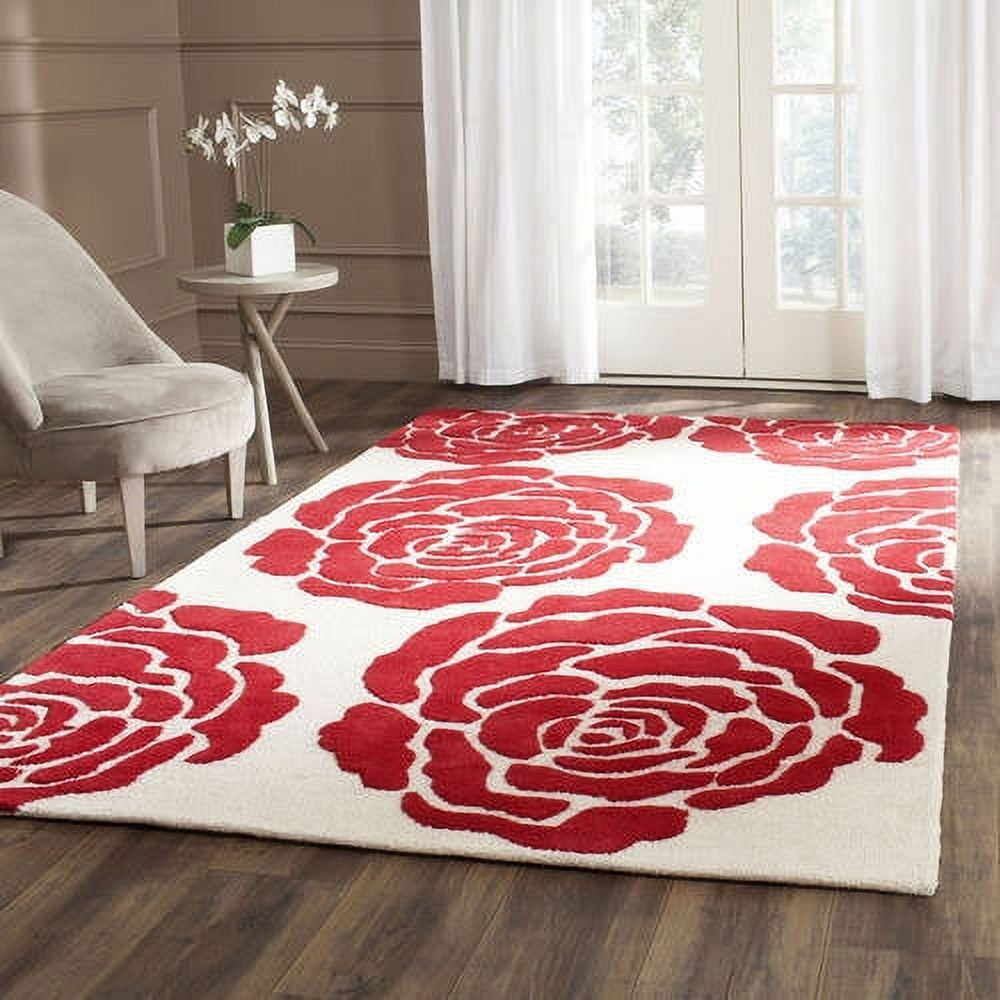 Ivory and Red Floral Hand-Tufted Wool Area Rug 5' x 8'