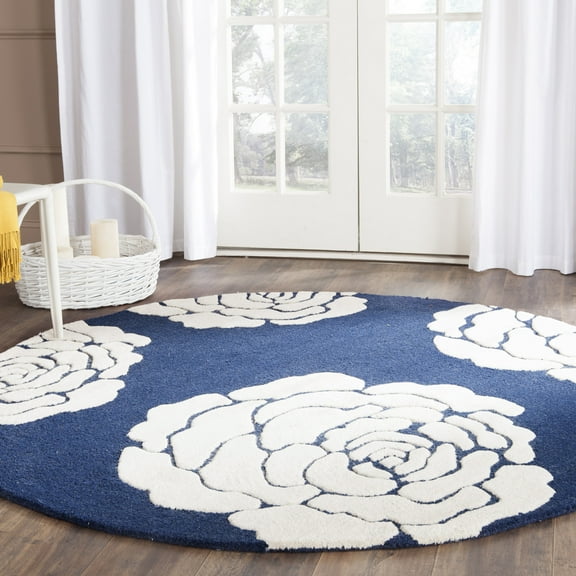 SAFAVIEH Cambridge Permelia Geometric Wool Area Rug, Navy/Ivory, 6' x 6' Round