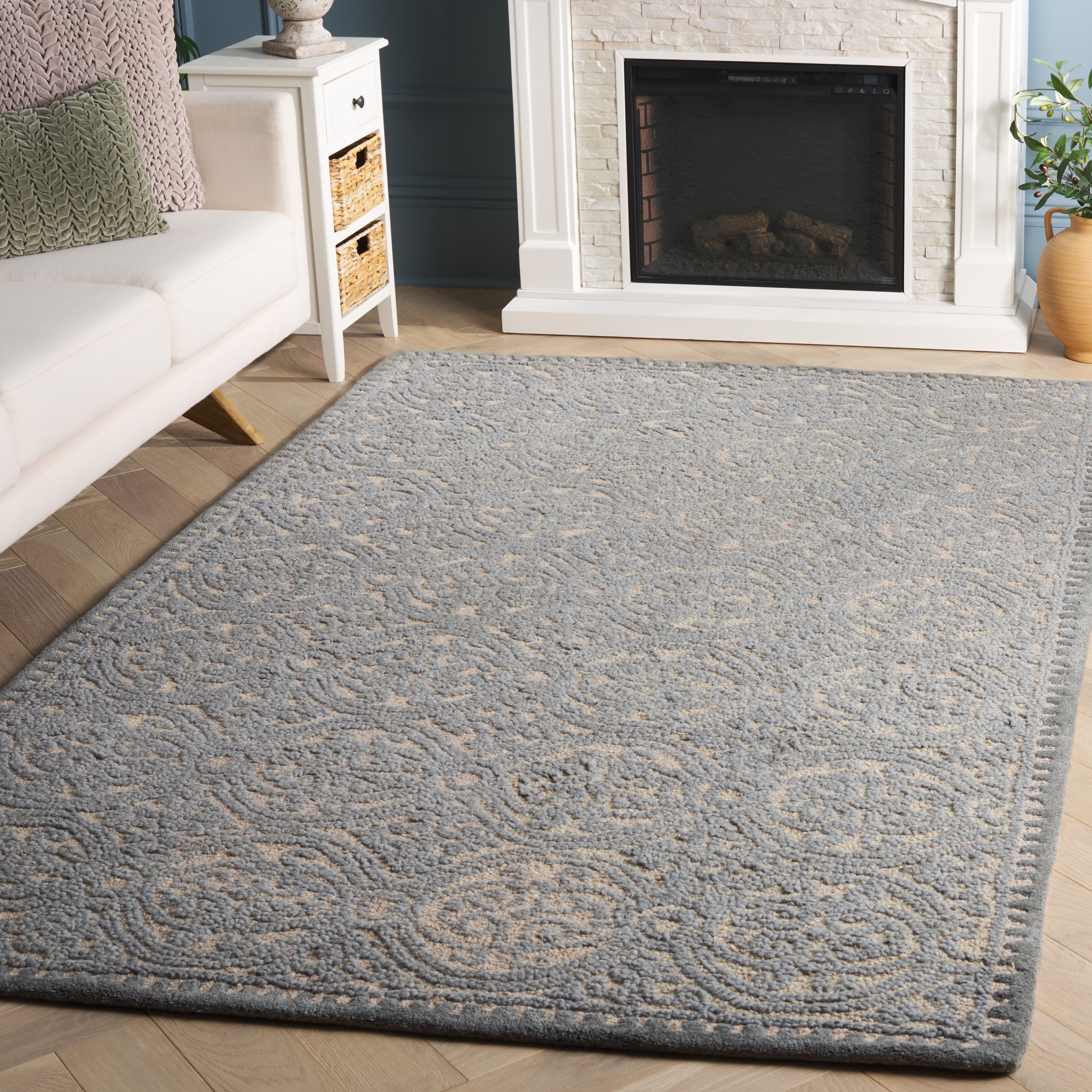 SAFAVIEH Cambridge Wade Geometric Wool Area Rug, Dusty Blue/Cement, 4' x 4' Square