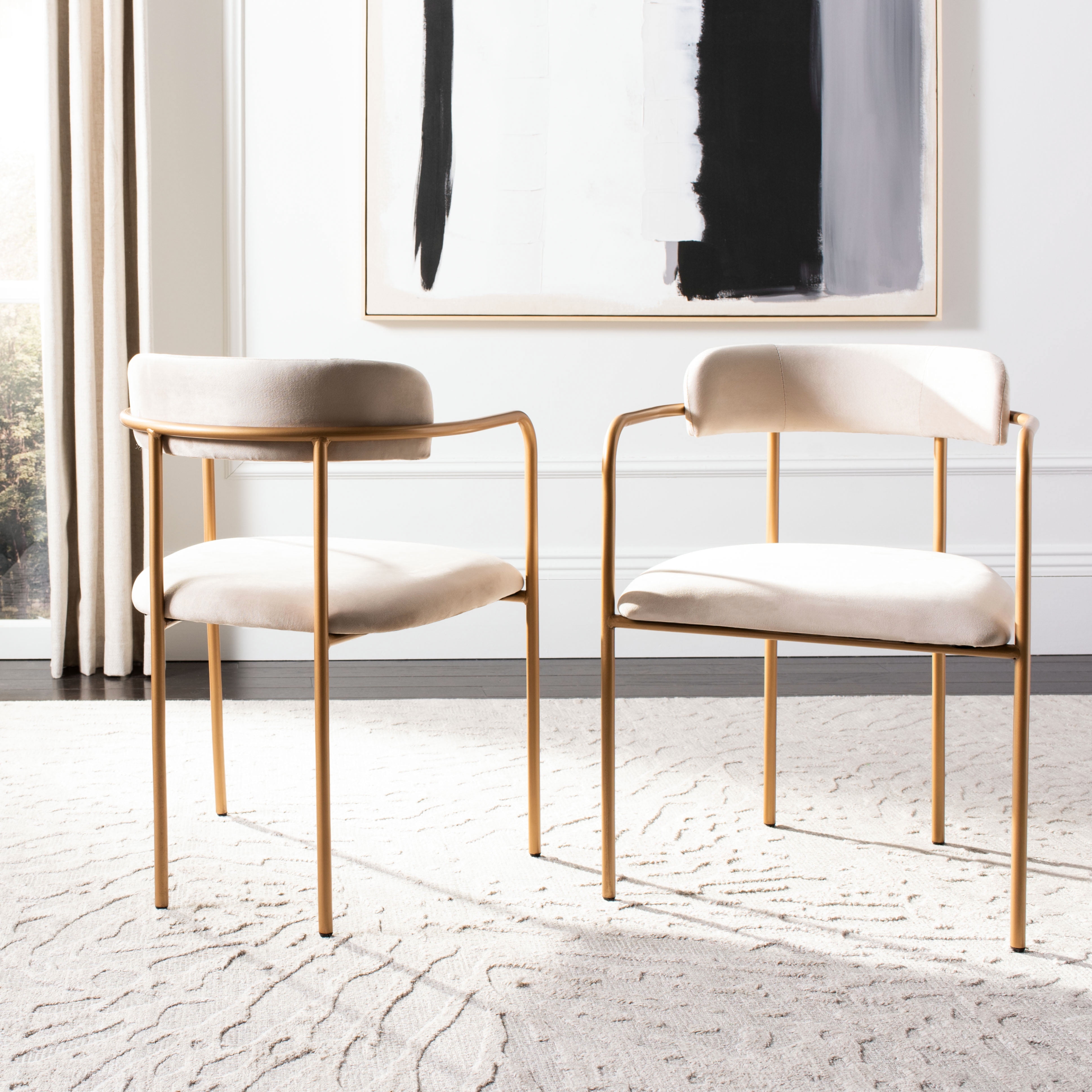 Beige Velvet and Gold Metal Transitional Side Chair