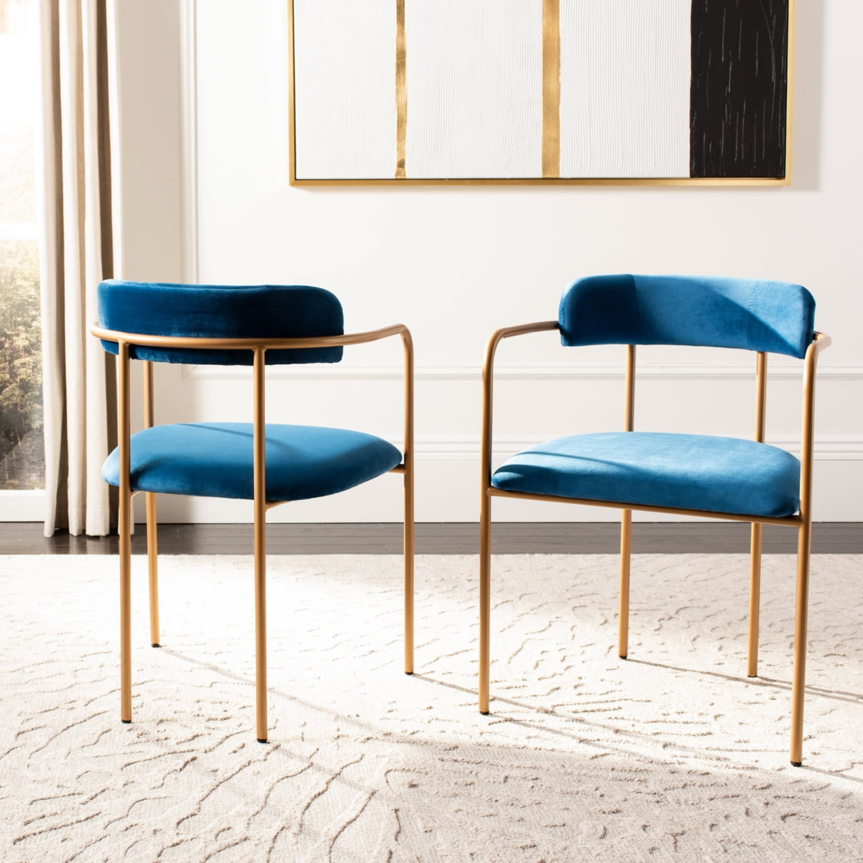 Elegant Navy Velvet and Gold Metal Upholstered Arm Chair