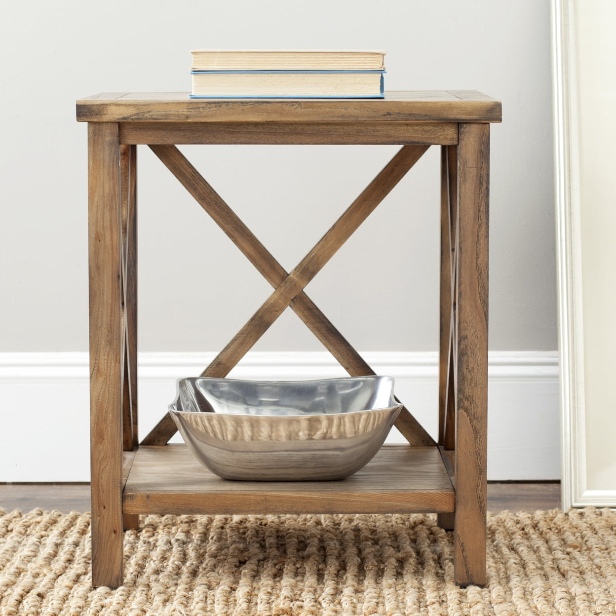 Oak Rectangular End Table with Cross Back Design and Lower Shelf