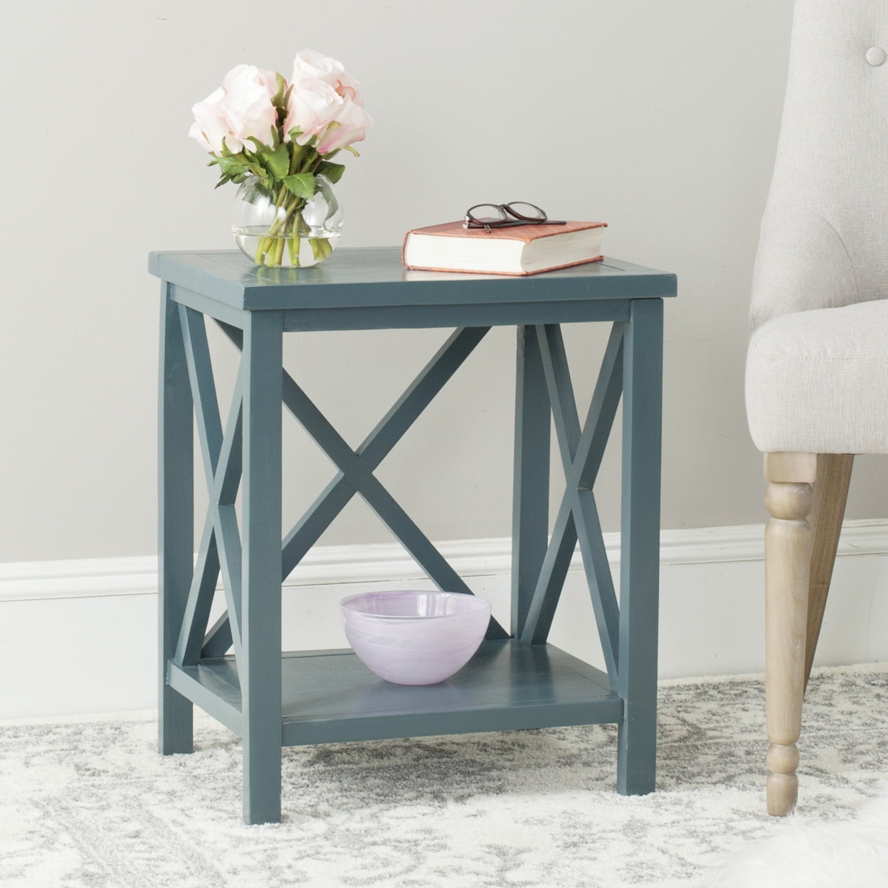 Transitional Teal Wood and Stone Rectangular End Table