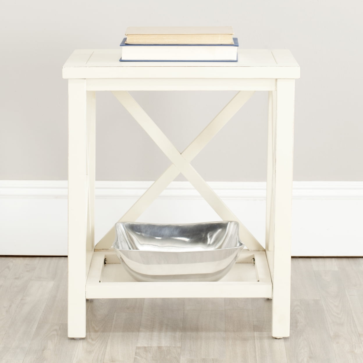 White Wood X-Base Latticework Accent Table