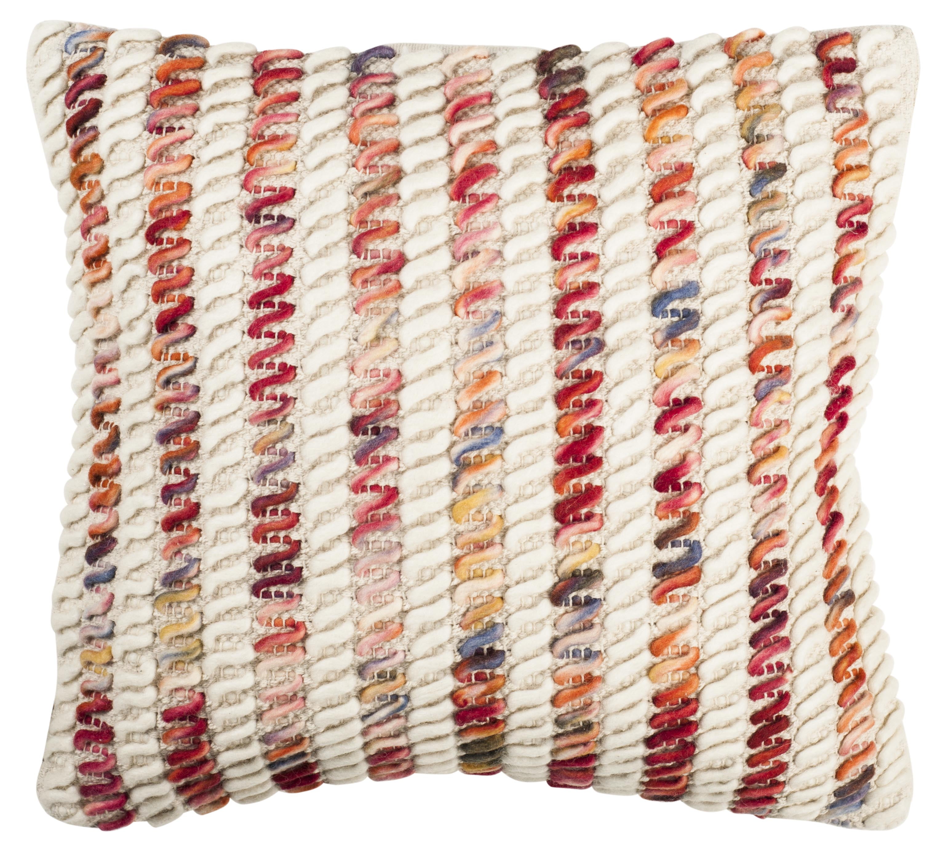 Candy Red and White Handloomed Wool Striped Throw Pillow