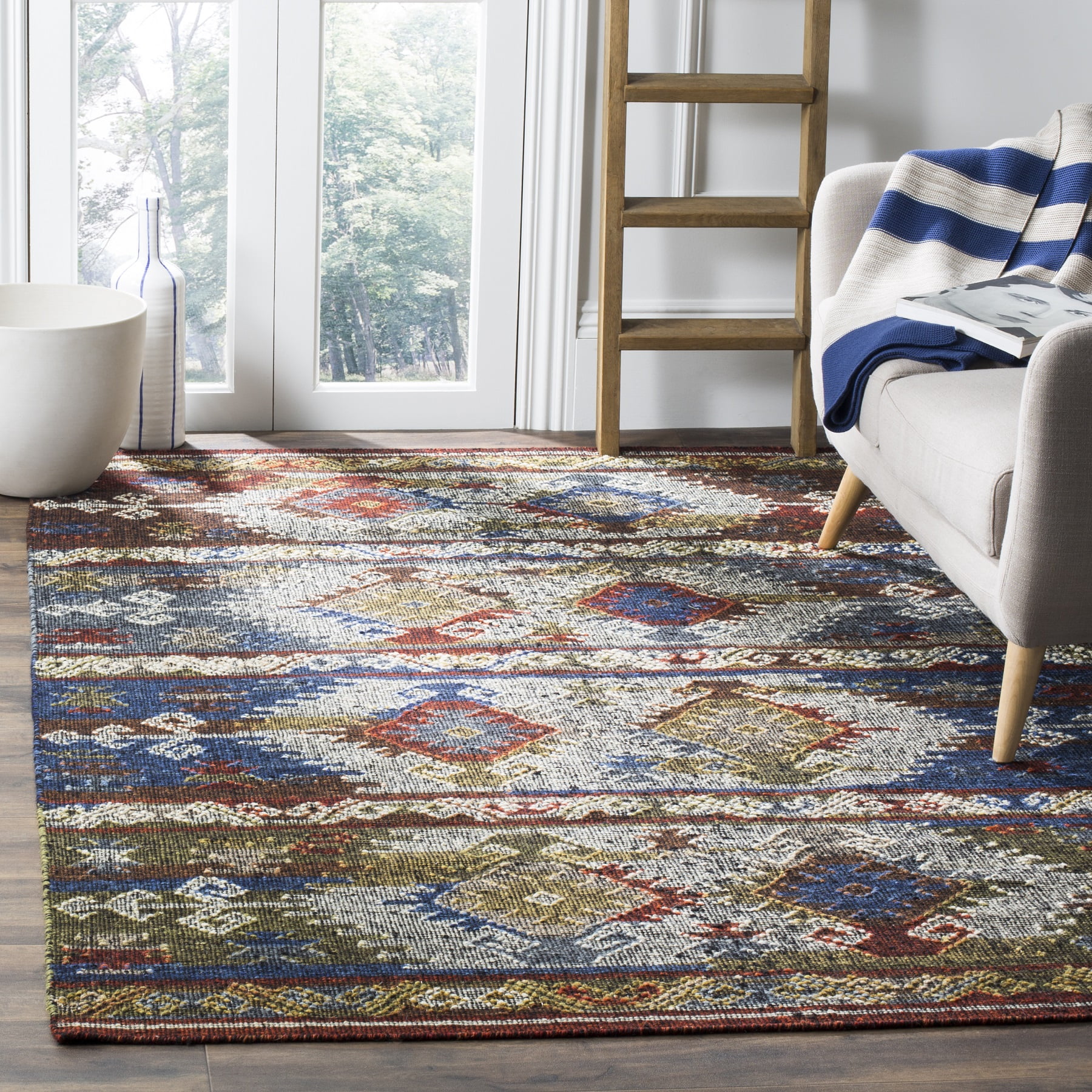 Blue and Red Geometric Wool Cotton 4' x 6' Flat Woven Rug