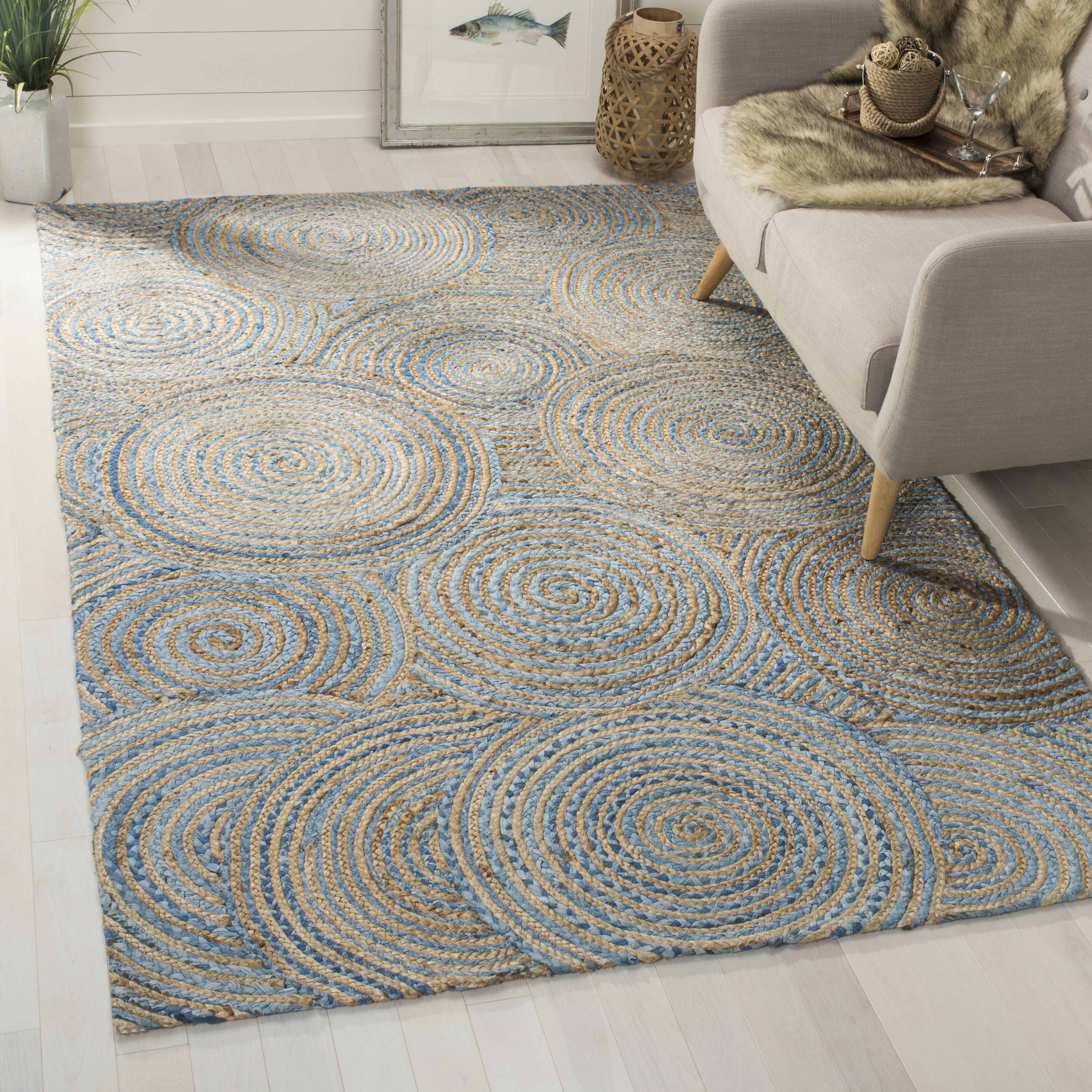 Handmade Blue and Natural Jute 4' x 6' Area Rug