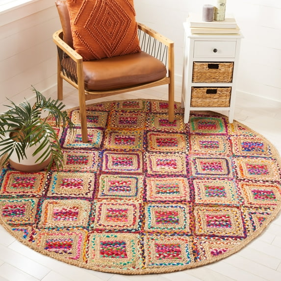 SAFAVIEH Cape Cod Alayna Geometric Area Rug, Natural/Red, 6' x 6' Round