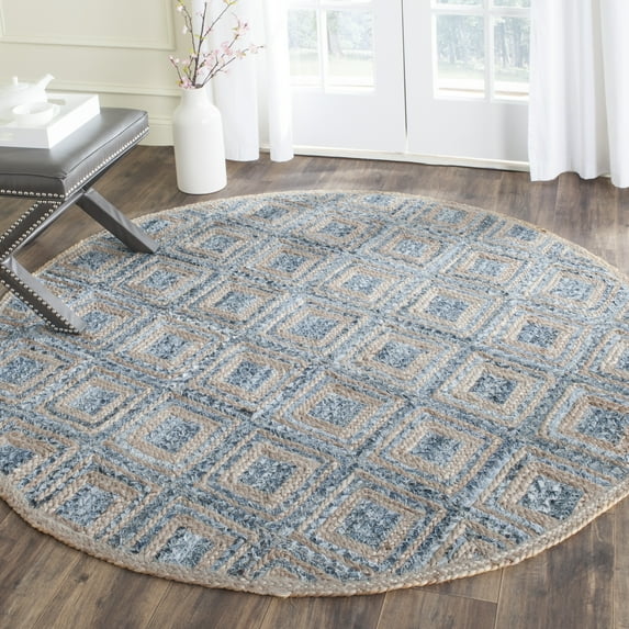 SAFAVIEH Cape Cod Alayna Geometric Area Rug, Natural/Blue, 8' x 8' Round