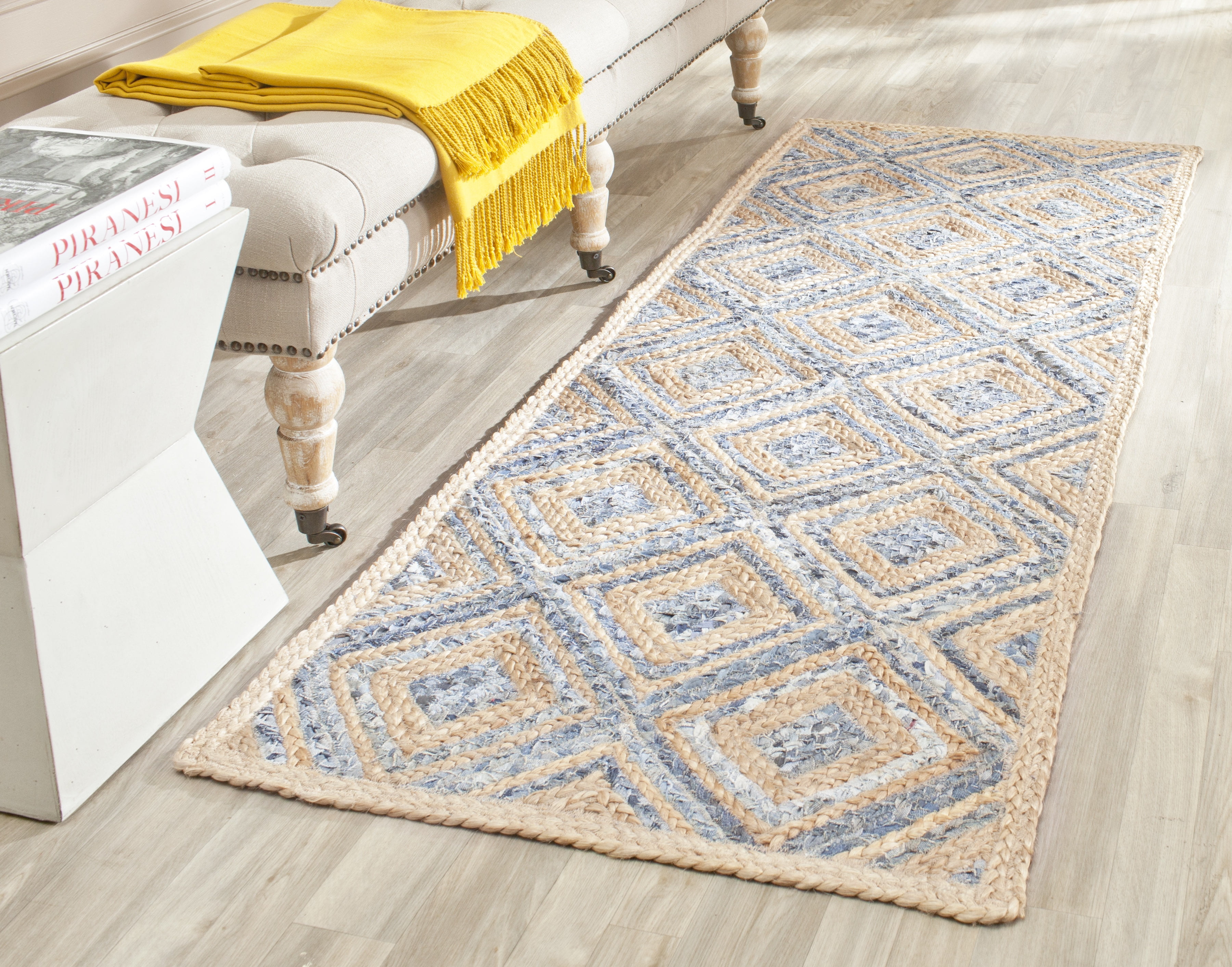 Hand-Woven Natural and Blue Geometric Jute Runner Rug