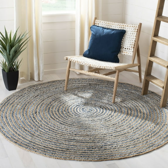 SAFAVIEH Cape Cod Andrina Geometric Area Rug, Natural/Blue, 6' x 6' Round