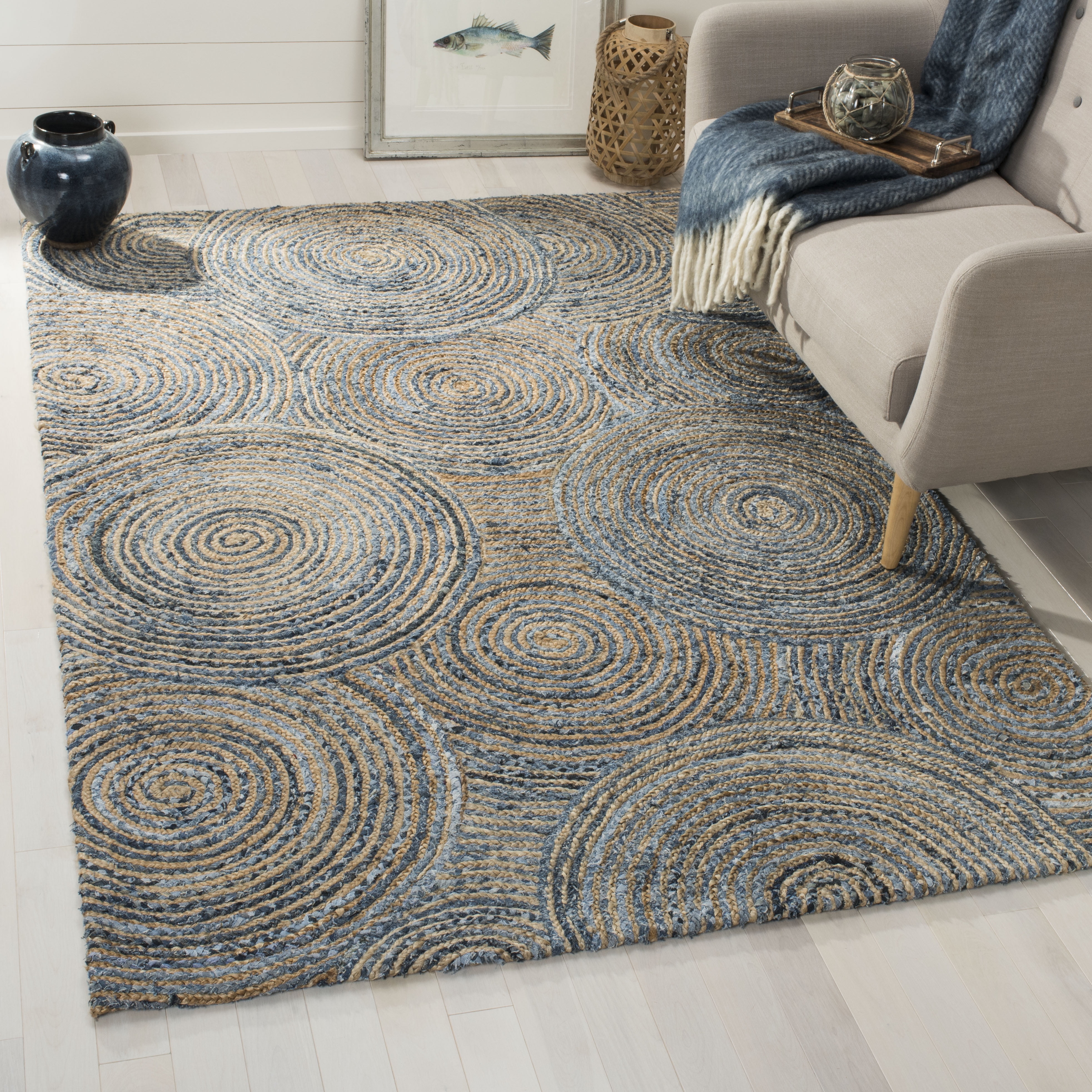 Blue and Beige Hand-Knotted Geometric Cotton Rug, 4' x 6'