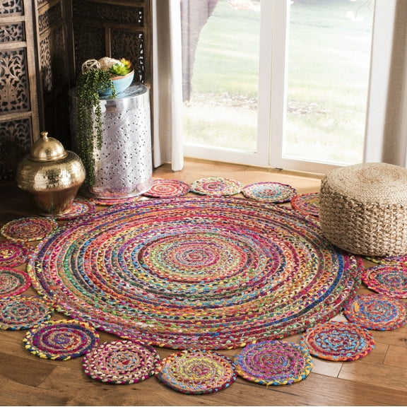 SAFAVIEH Cape Cod Hamilton Braided Circles Area Rug, 5' x 5' Round, Red/Multi