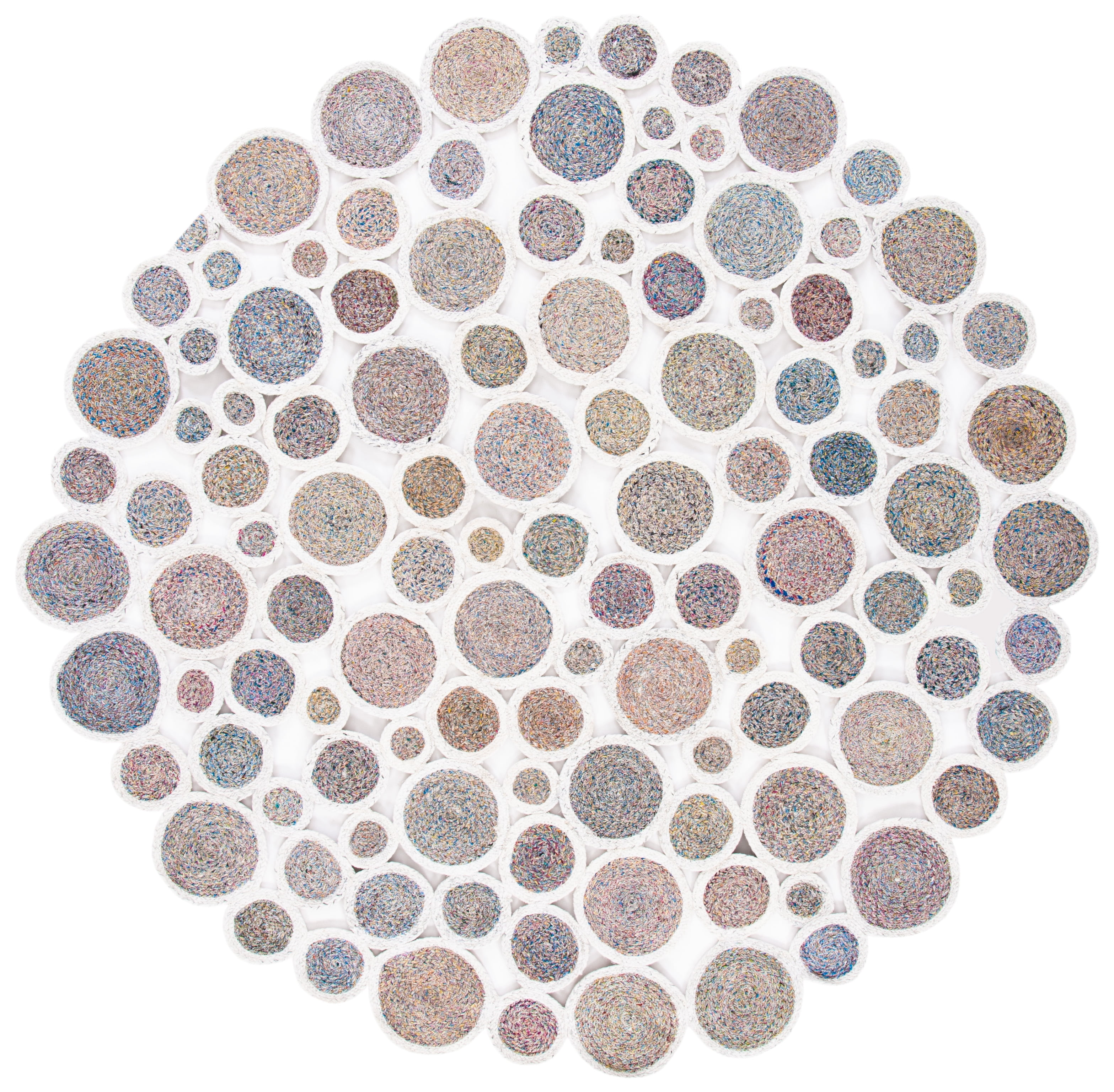 Ivory and Multicolor Hand-Knotted Round Synthetic Rug