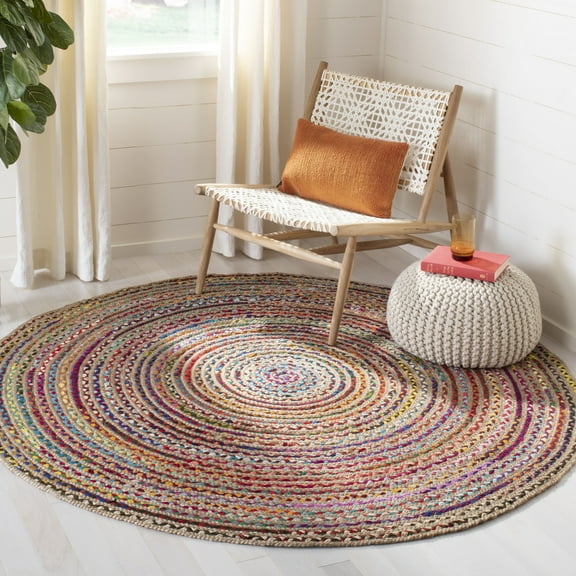 SAFAVIEH Cape Cod Jaylen Geometric Area Rug, Natural/Multi, 3' x 3' Round