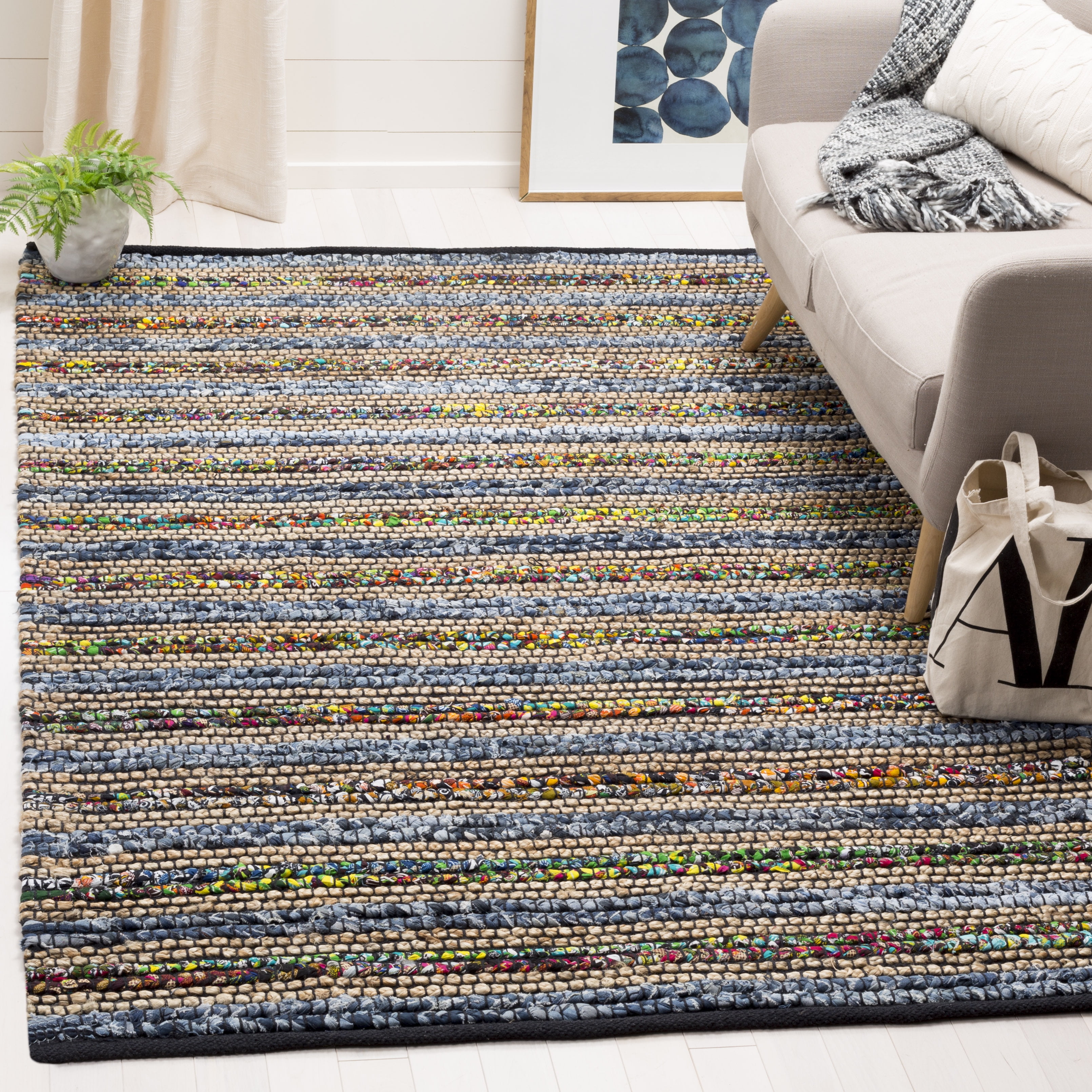 Coastal Charm Hand-Knotted Blue Stripe Cotton Square Rug