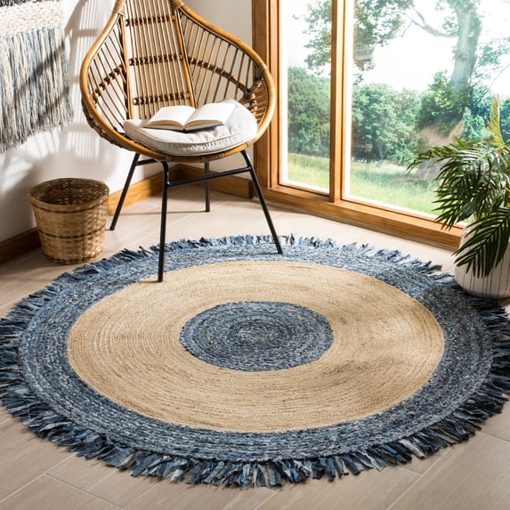 SAFAVIEH Cape Cod Keeleigh Braided Area Rug, 8' x 8' Round, Ivory/Denim