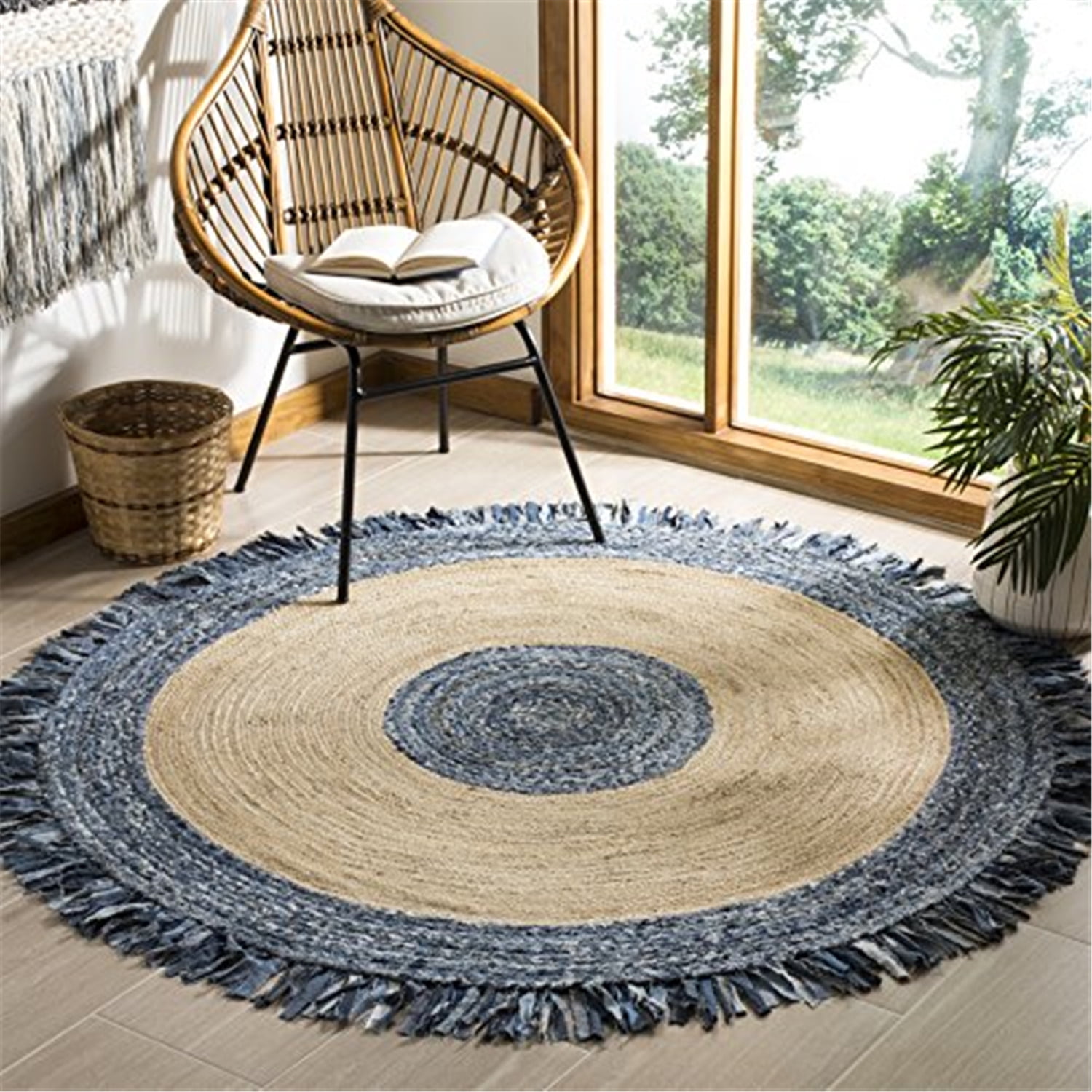 SAFAVIEH Cape Cod Keeleigh Geometric Area Rug, Ivory/Denim, 6' x 6' Round