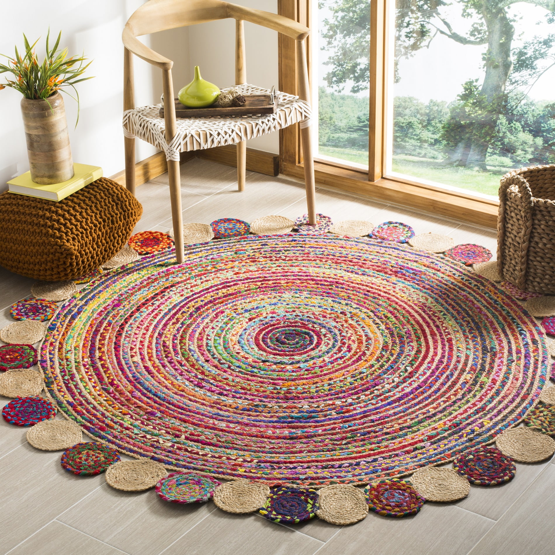 SAFAVIEH Cape Cod Kyle Geometric Area Rug, Red/Multi, 4' x 4' Round