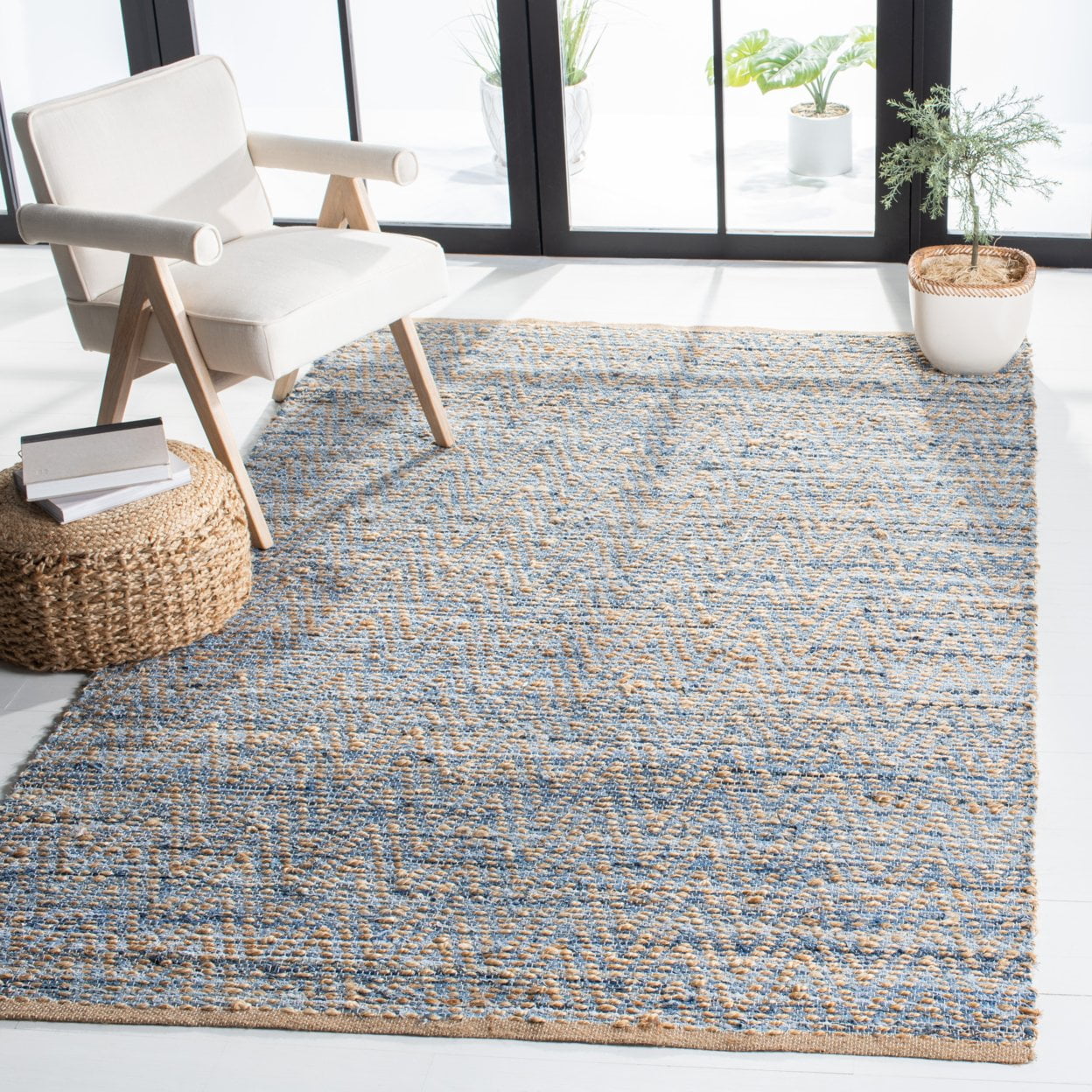 Handmade Blue and Natural Wool Cotton Flat Woven 8' x 10' Area Rug