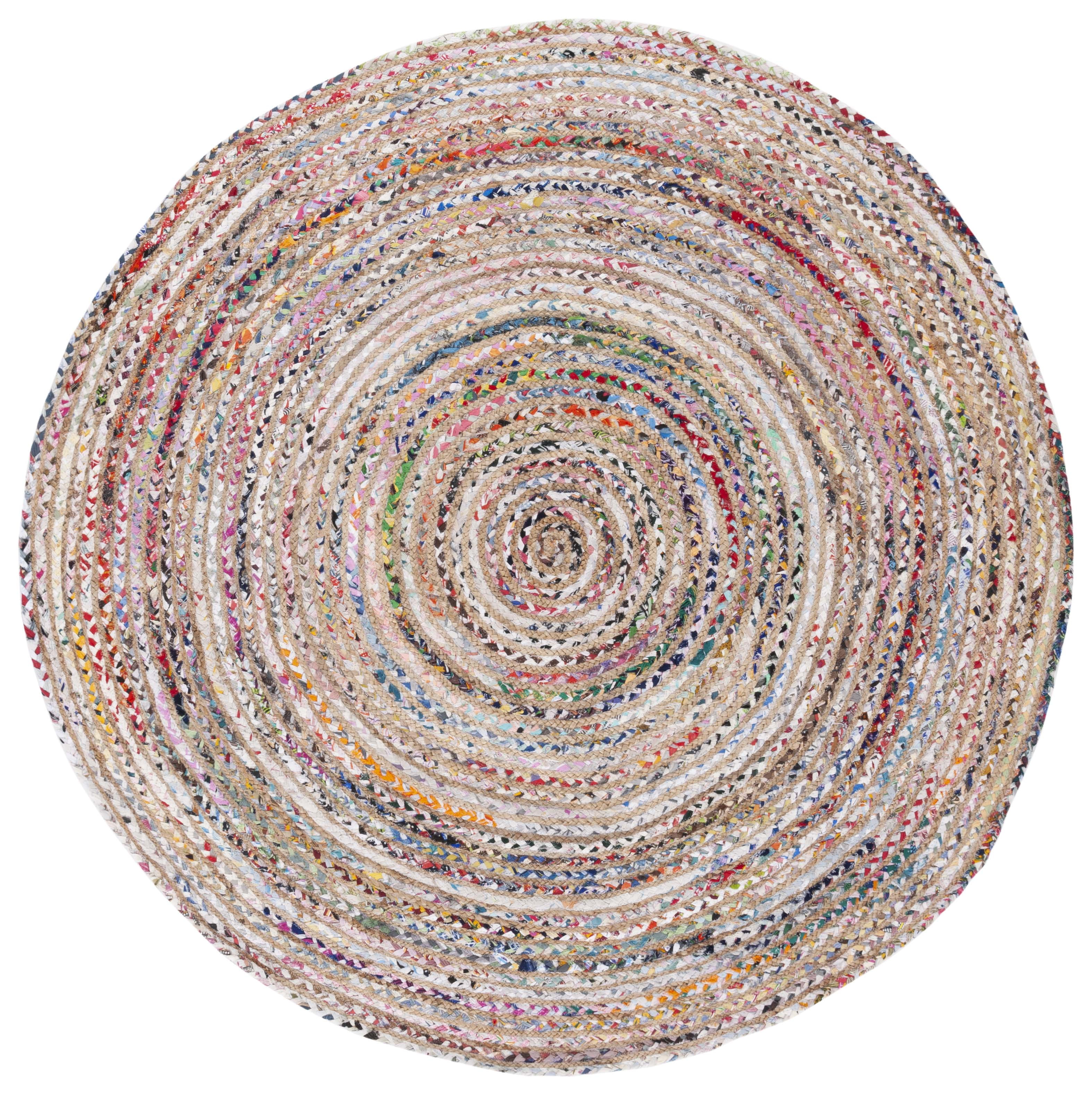 Beige and Multicolor Round Hand-Knotted Wool and Cotton Rug