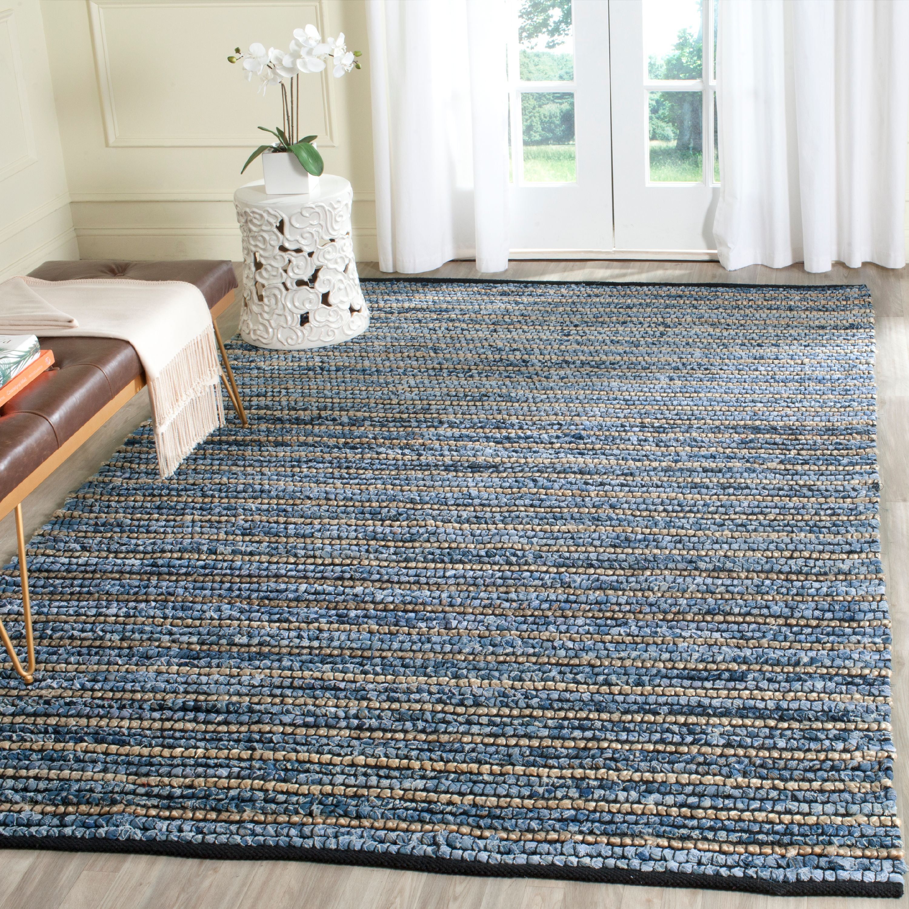 Boho-Chic Handwoven Cotton Rug in Blue/Natural - 6' Square